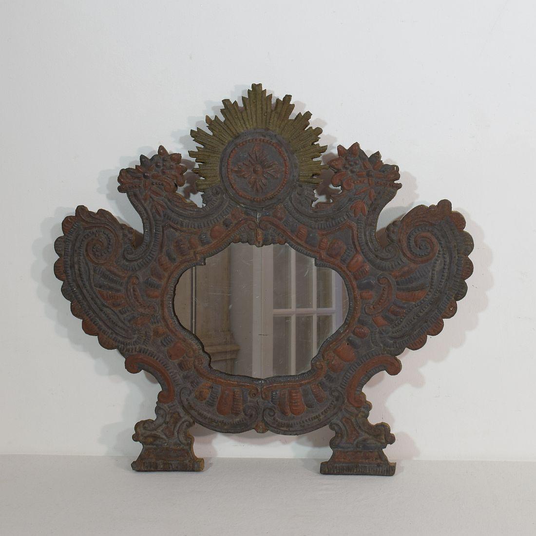 Beautiful small Baroque mirror. Tinplate on wood, Italy, circa 1750. Weathered.