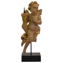 Small 18th Century, Italian Carved Wood Baroque Angel with Candleholder