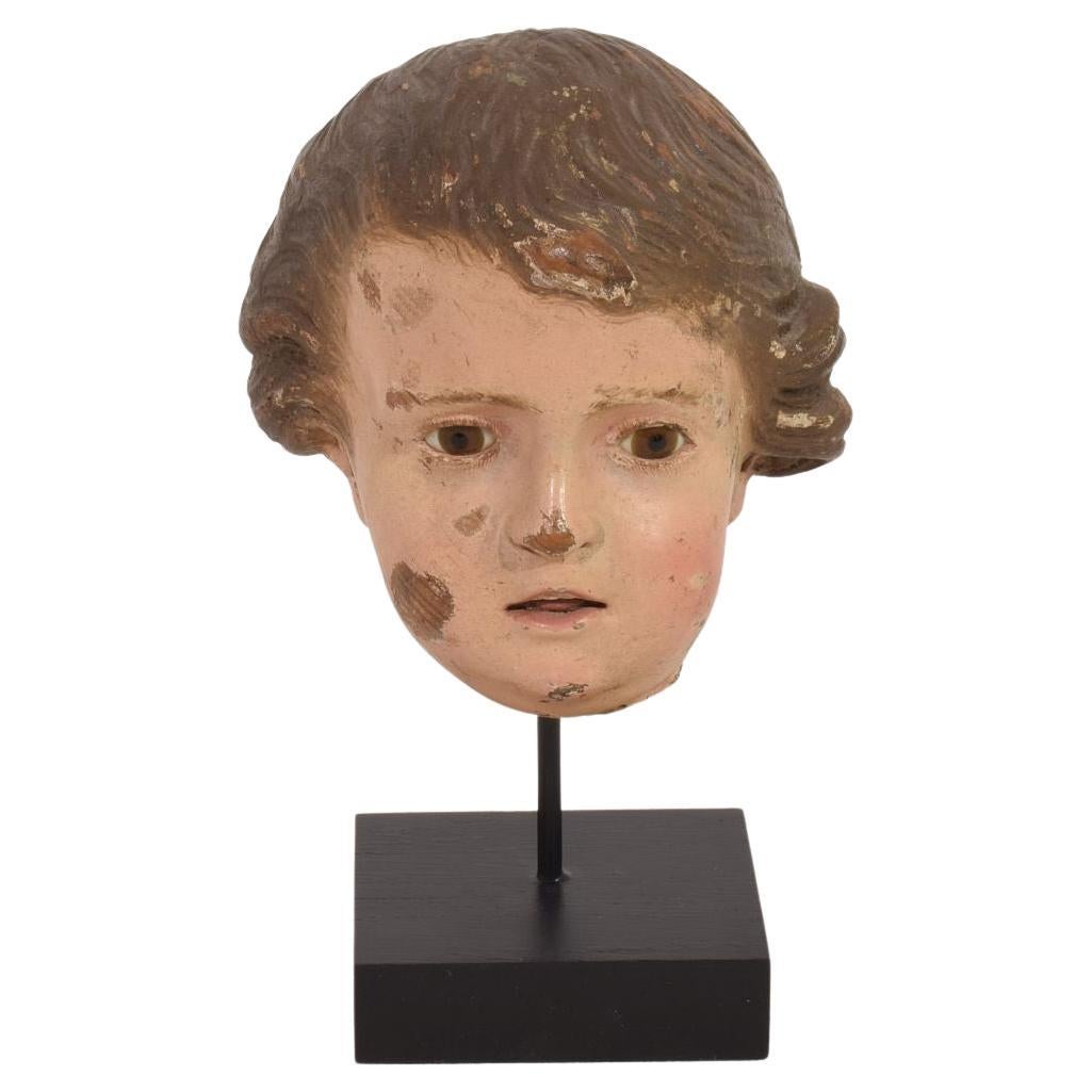 Small 18th Century Italian Carved Wooden Head with Glass Eyes