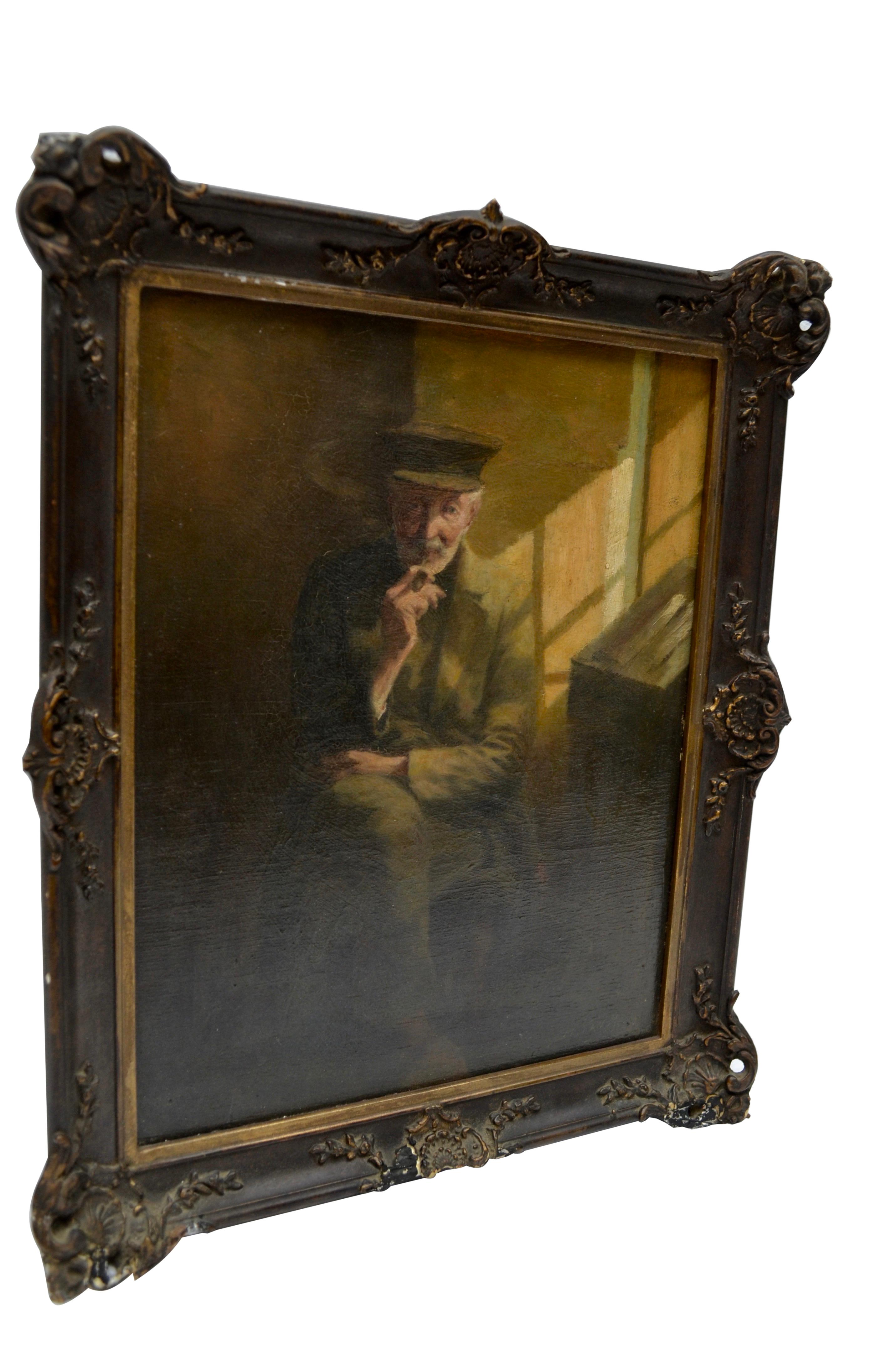 A small but very well executed oil on board painting of an old man sitting on a chair smoking a pipe with sunlight steaming in through a barred window. The work is by 19 Century Belgian artist Henri Van Melle ( b 1859 - d 1930) . The painting is