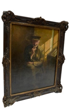Small 19 Century Portrait of an Old Man Smokinga Pipe by Henri Van Melle