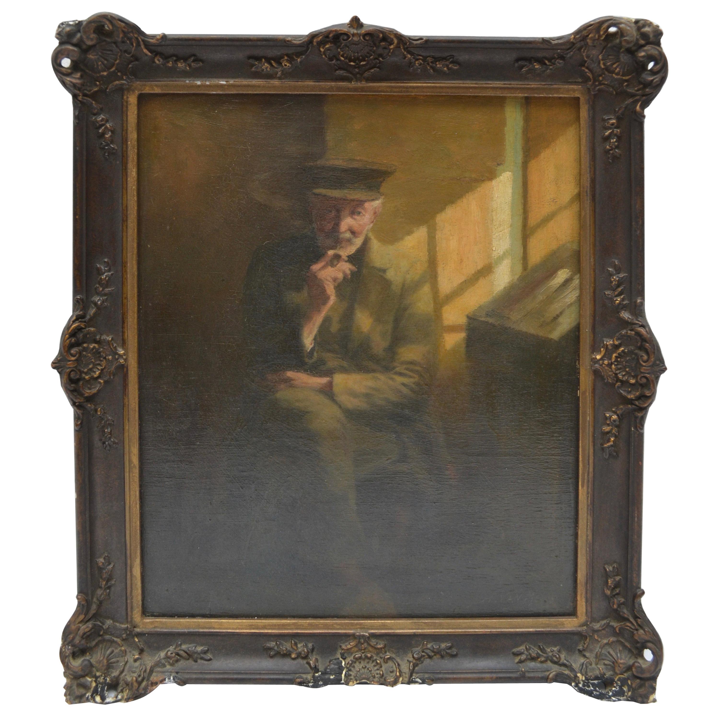 Small 19 Century Portrait of an Old Man Smokinga Pipe by Henri Van Melle