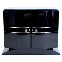 Small 1930s Art Deco Sideboard with Curved Front in Black Piano Lacquer