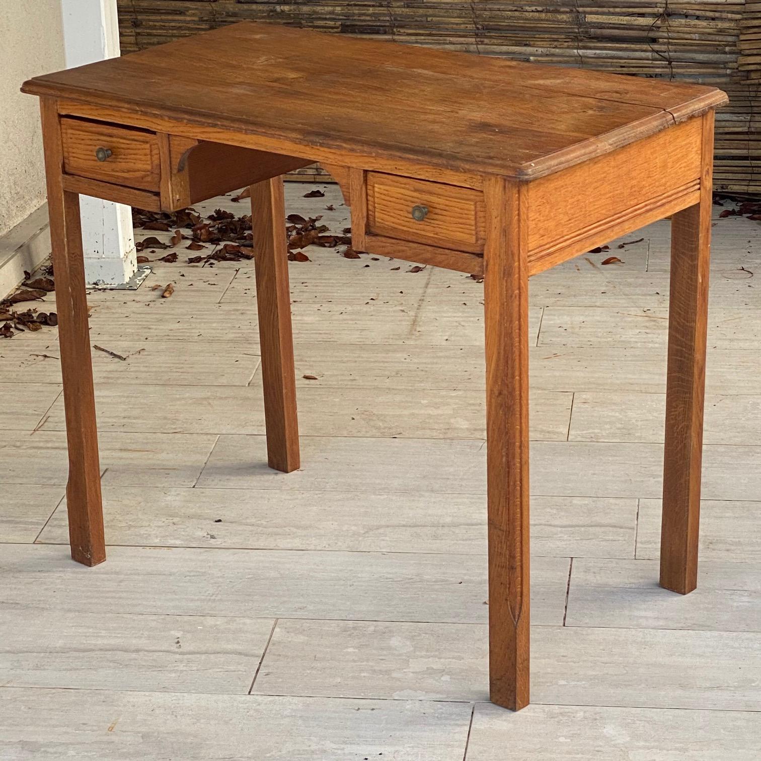 Mid-Century Modern Small 1940 Oak Desk from France 1940, in a Brown Color and Old Patina, 2 Drawers