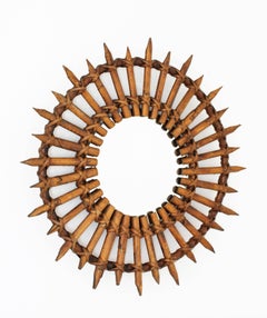 Small 1940s French Bamboo and Rattan Tiki Style Sunburst Mirror