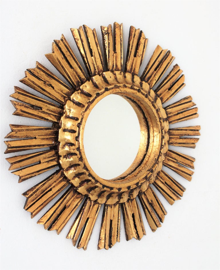 Small Sunburst Mirror in Gold Leaf Gilded Carved Wood, France, 1940s