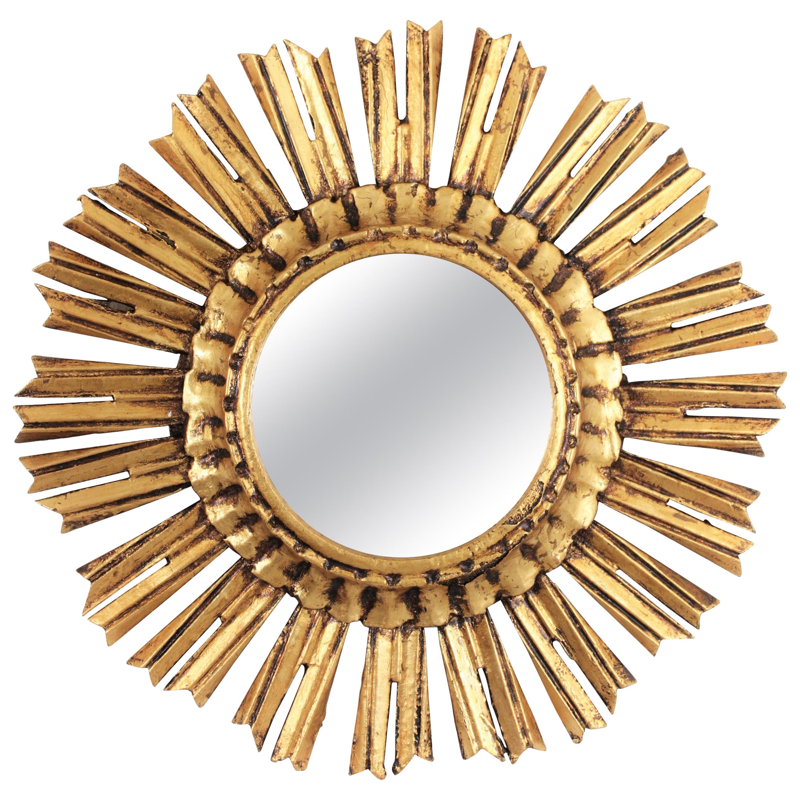 Small 1940s French Carved Giltwood Sunburst Mirror