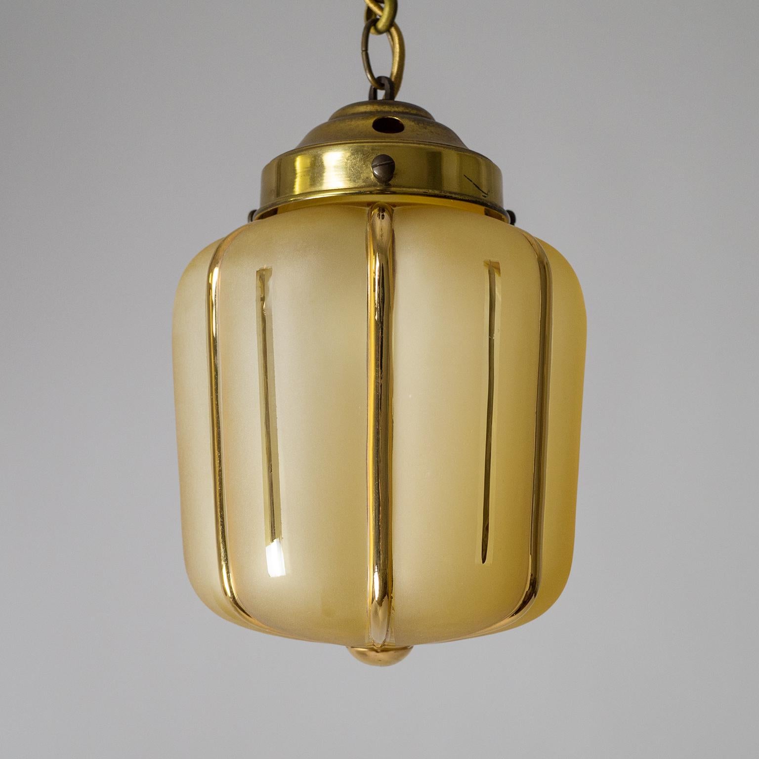 Art Deco Small 1940s French Pendant, Amber Glass and Gold Paint