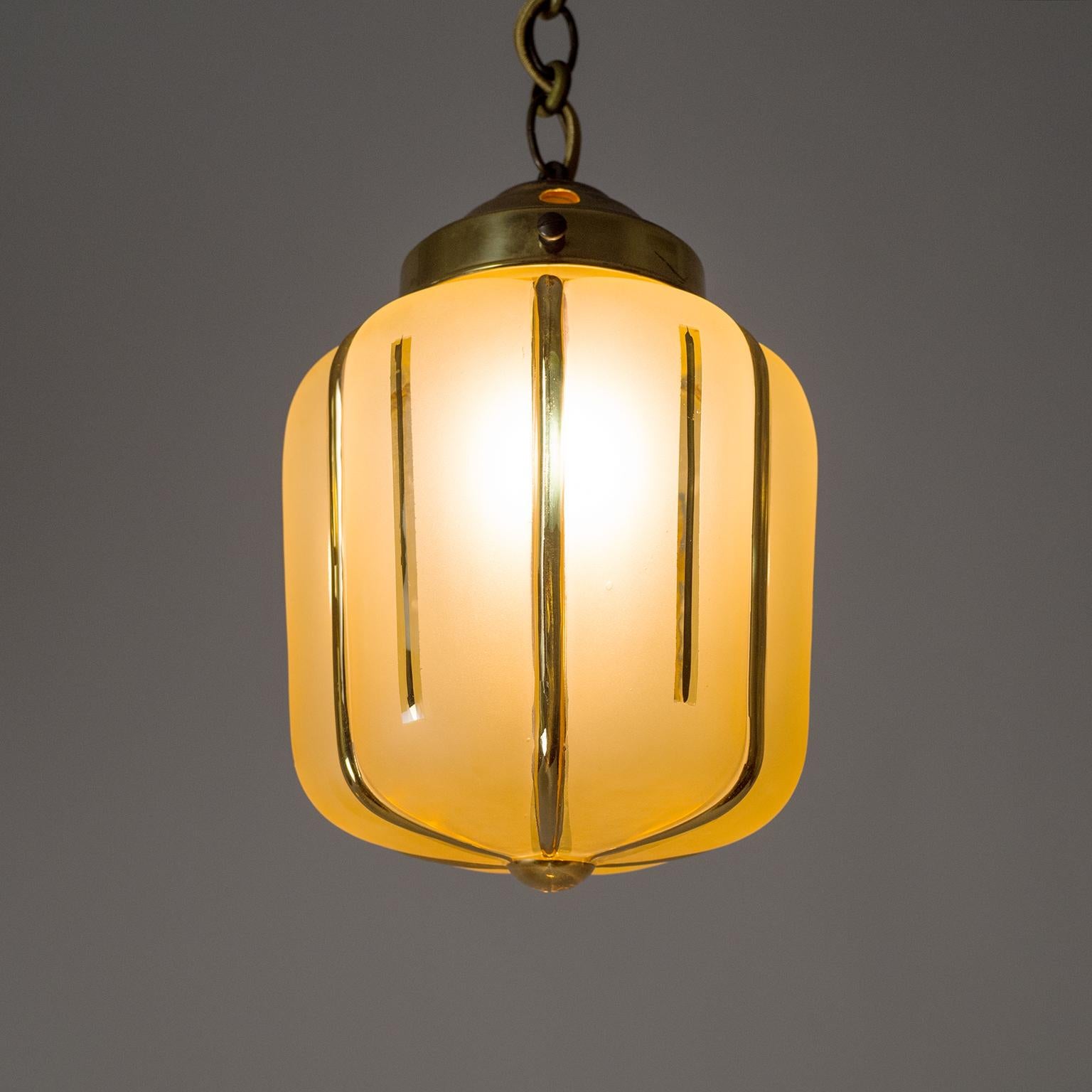 Hand-Painted Small 1940s French Pendant, Amber Glass and Gold Paint