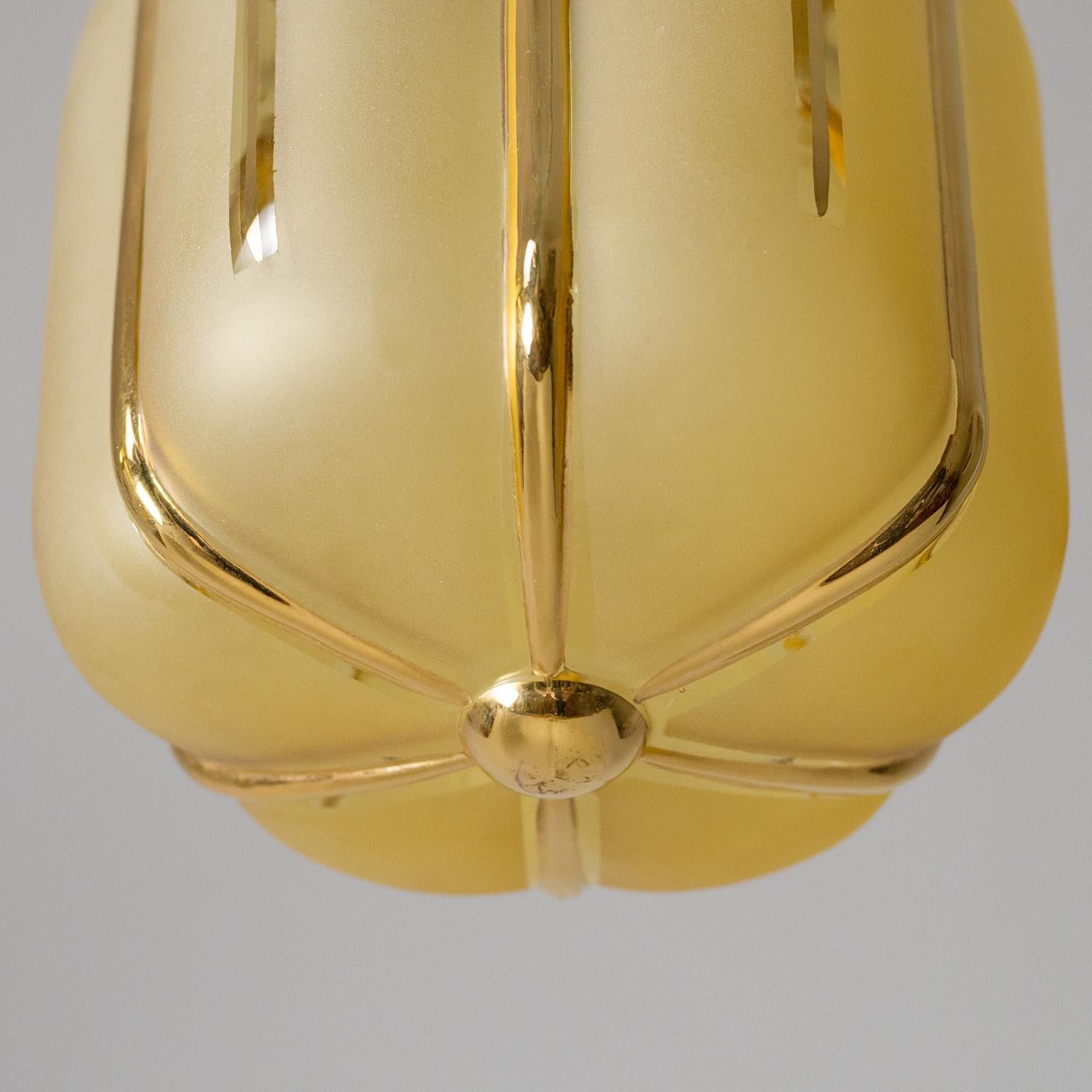 Brass Small 1940s French Pendant, Amber Glass and Gold Paint