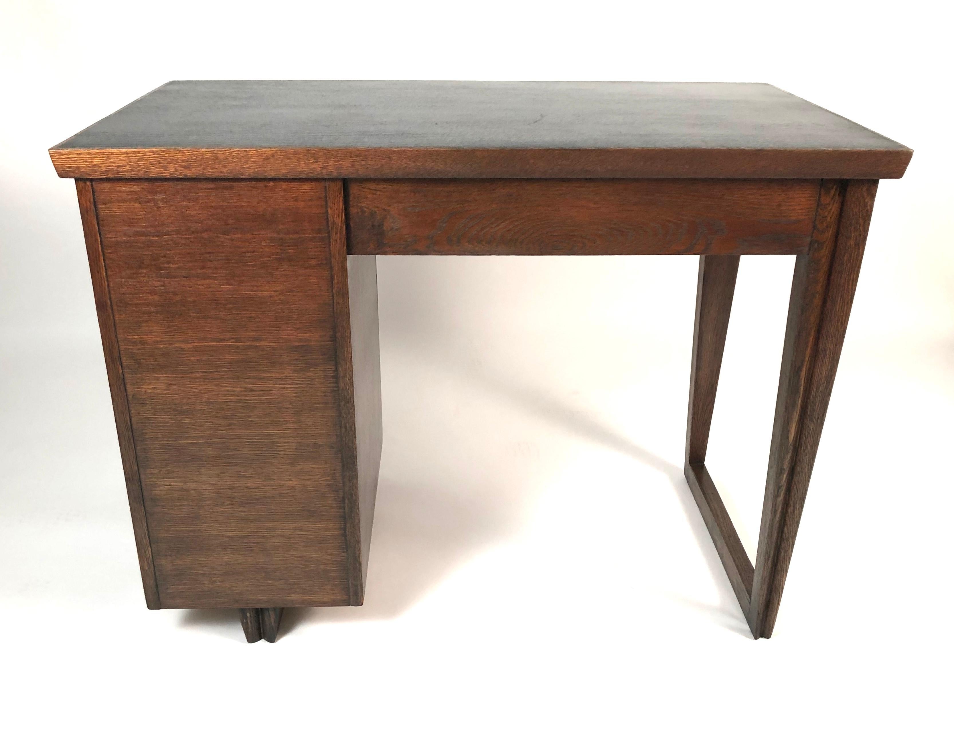 Small 1940s Walnut Stained Oak and Ebonized Desk 1