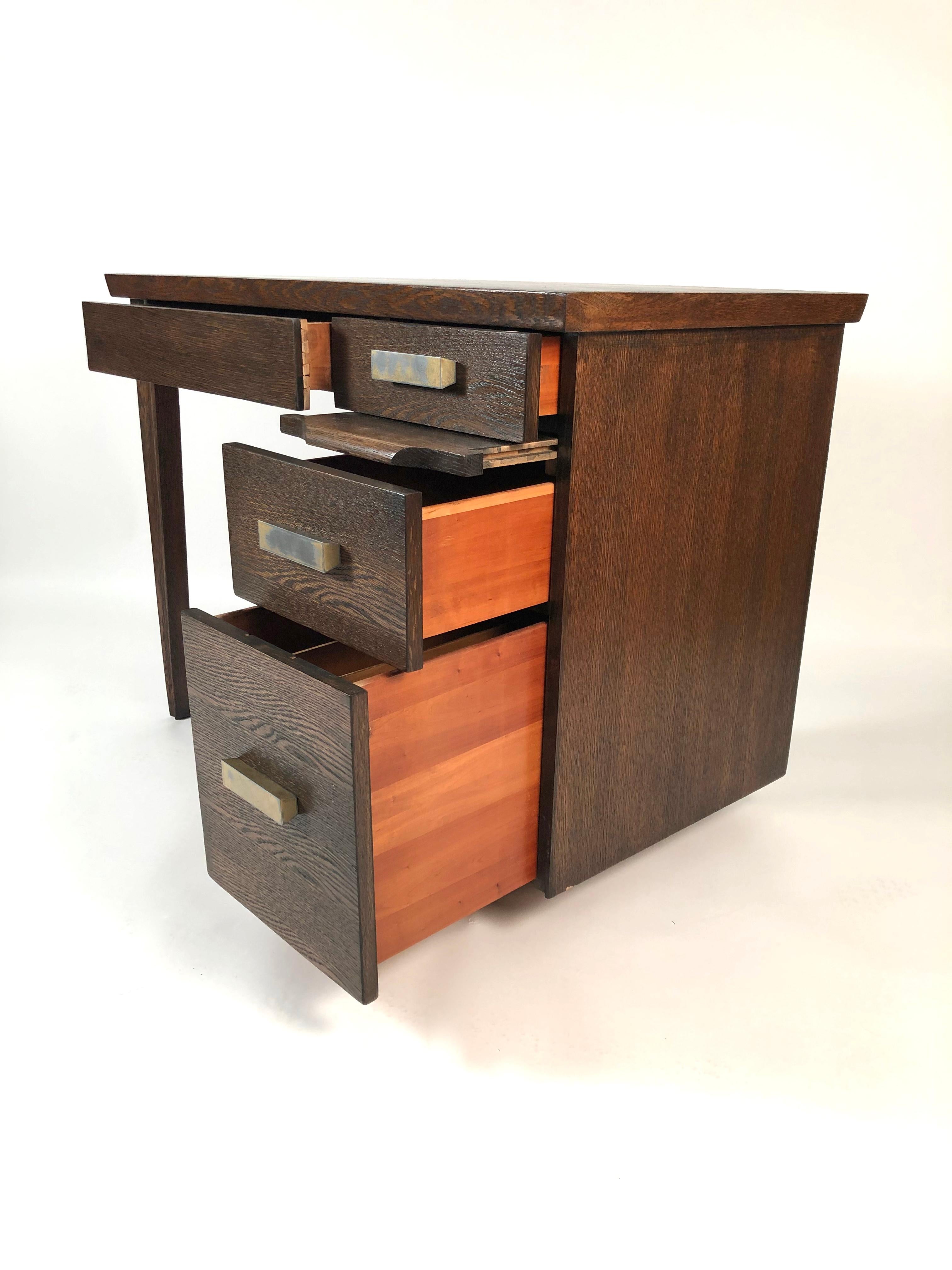 American Small 1940s Walnut Stained Oak and Ebonized Desk