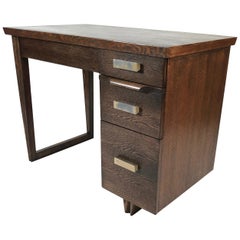 Small 1940s Walnut Stained Oak and Ebonized Desk