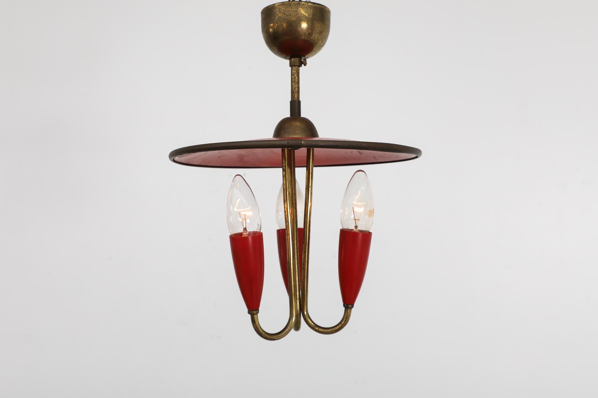 Dutch Small 1950's Stilnovo Style Red Enameled Metal & Brass Triple Chandelier For Sale