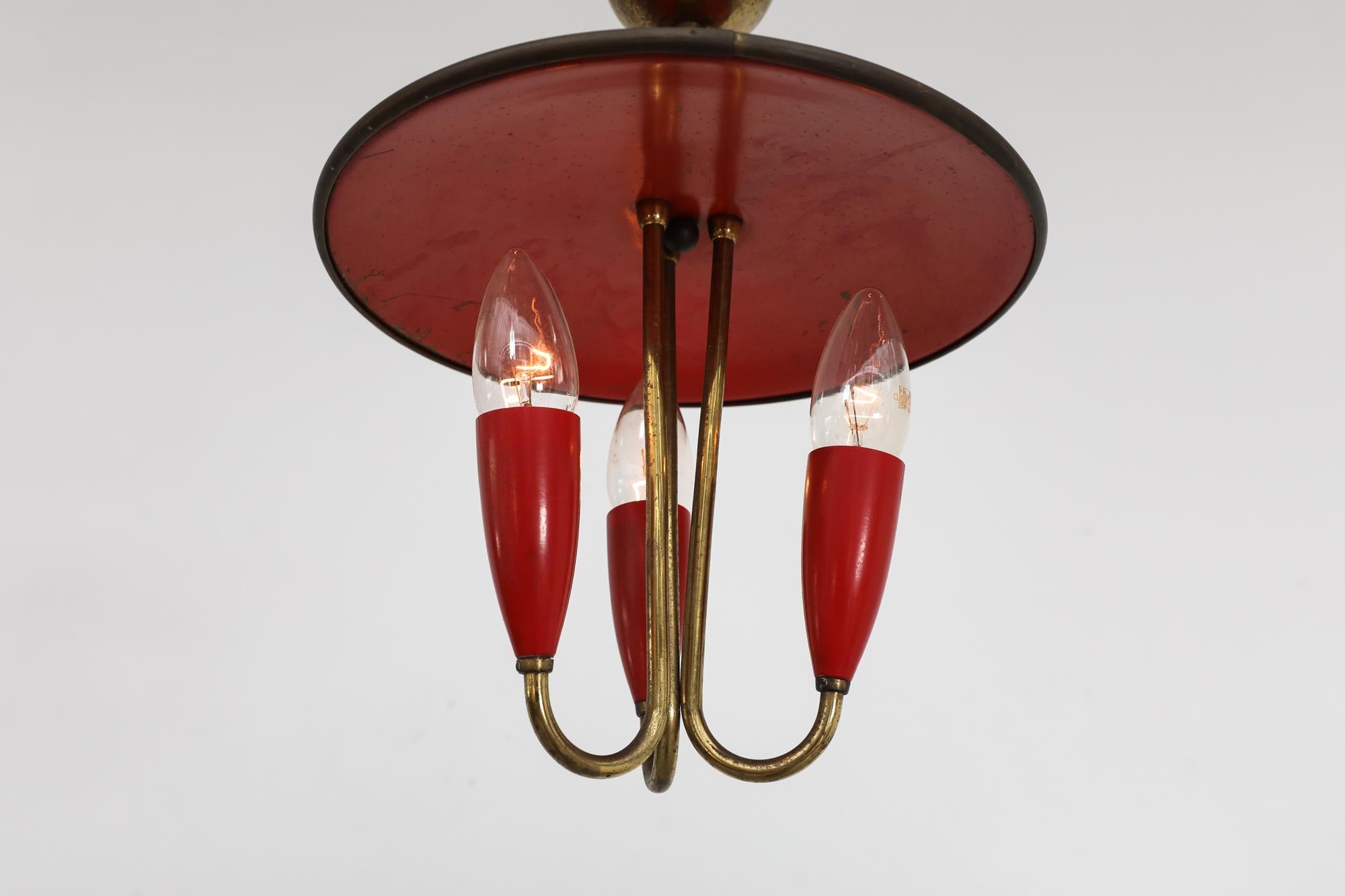 Small 1950's Stilnovo Style Red Enameled Metal & Brass Triple Chandelier In Good Condition For Sale In Los Angeles, CA