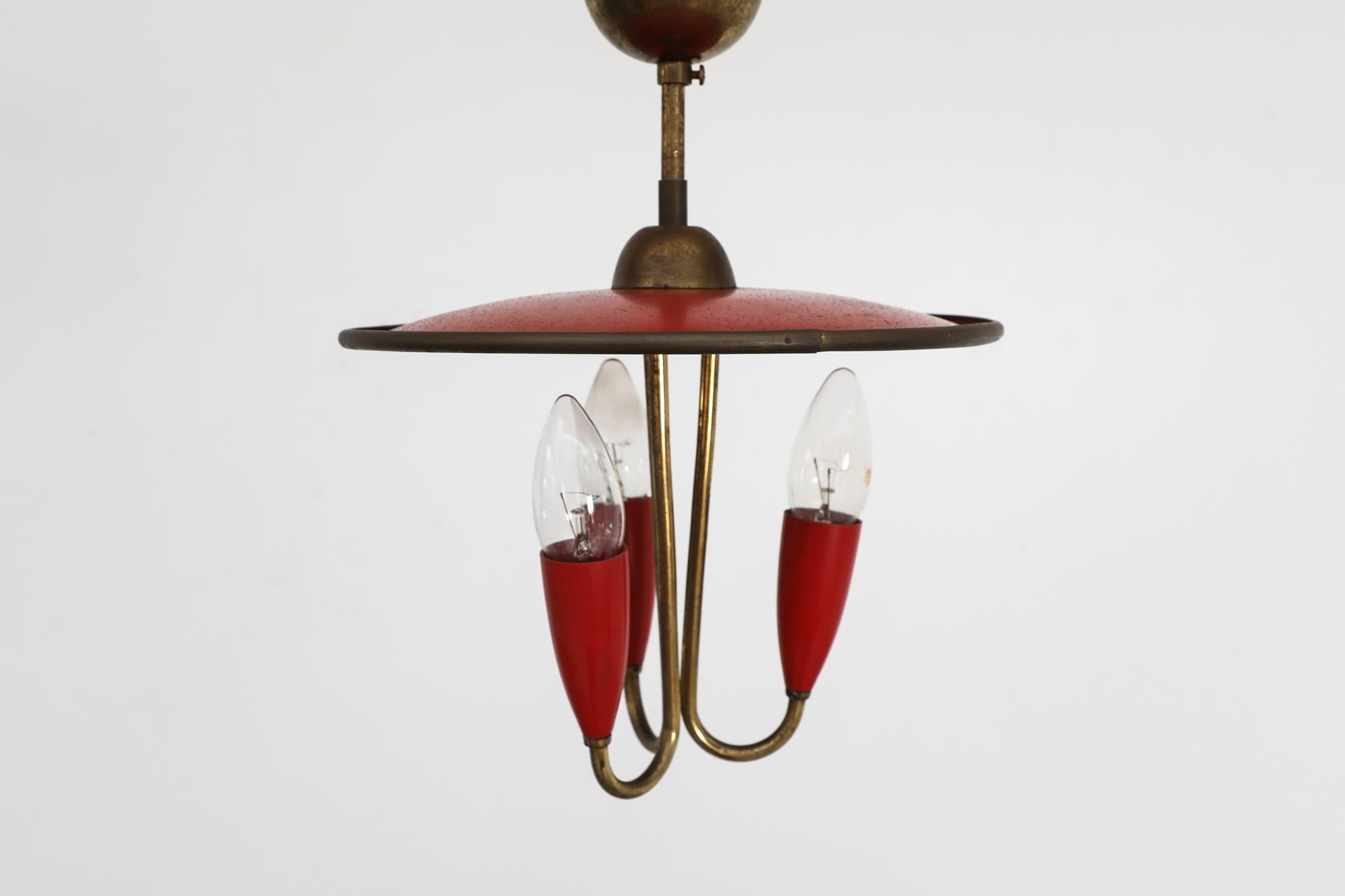 Small 1950's Stilnovo Style Red and Brass Chandelier In Good Condition For Sale In Los Angeles, CA