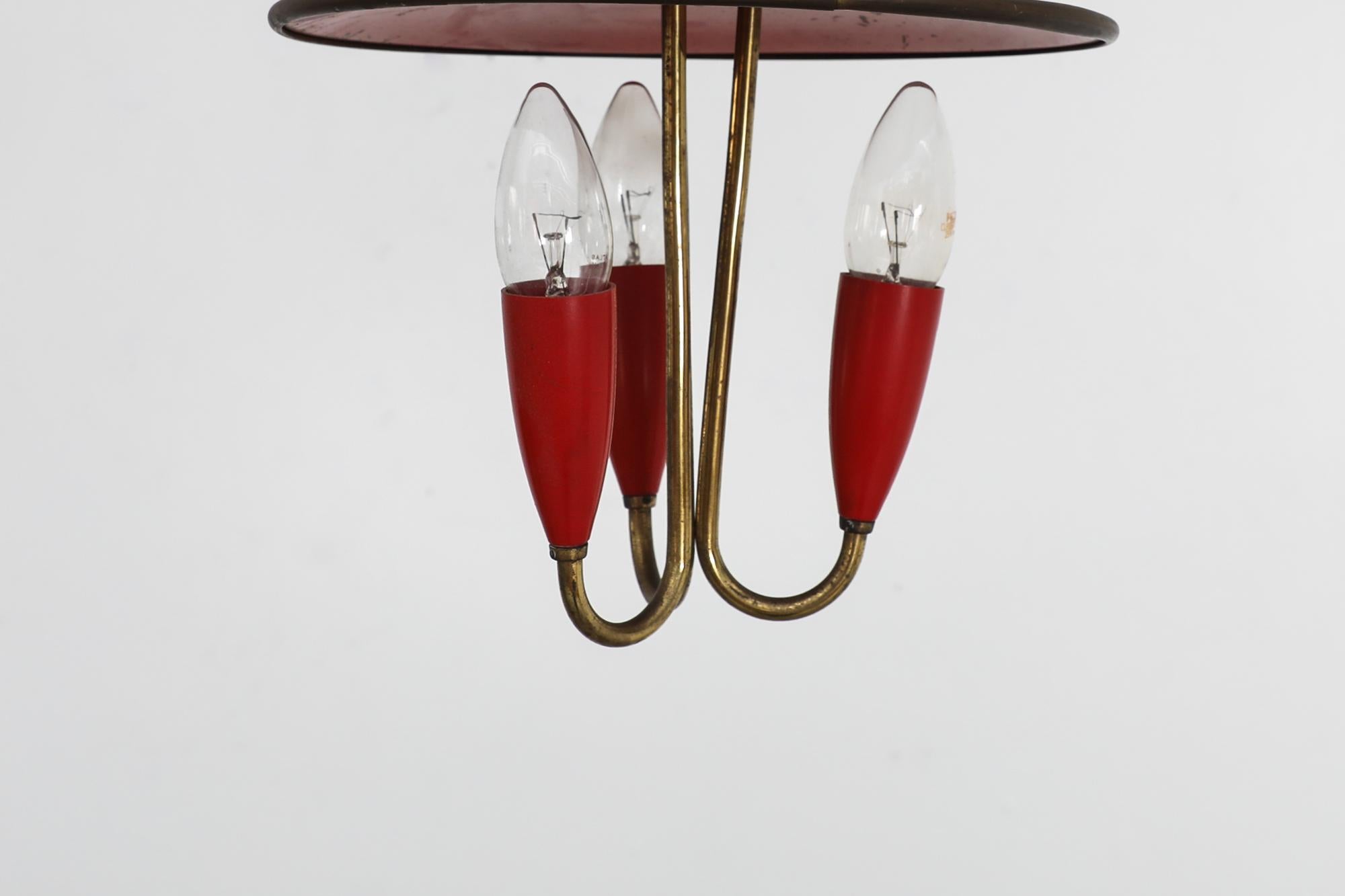 Small 1950's Stilnovo Style Red Enameled Metal & Brass Triple Chandelier For Sale 1