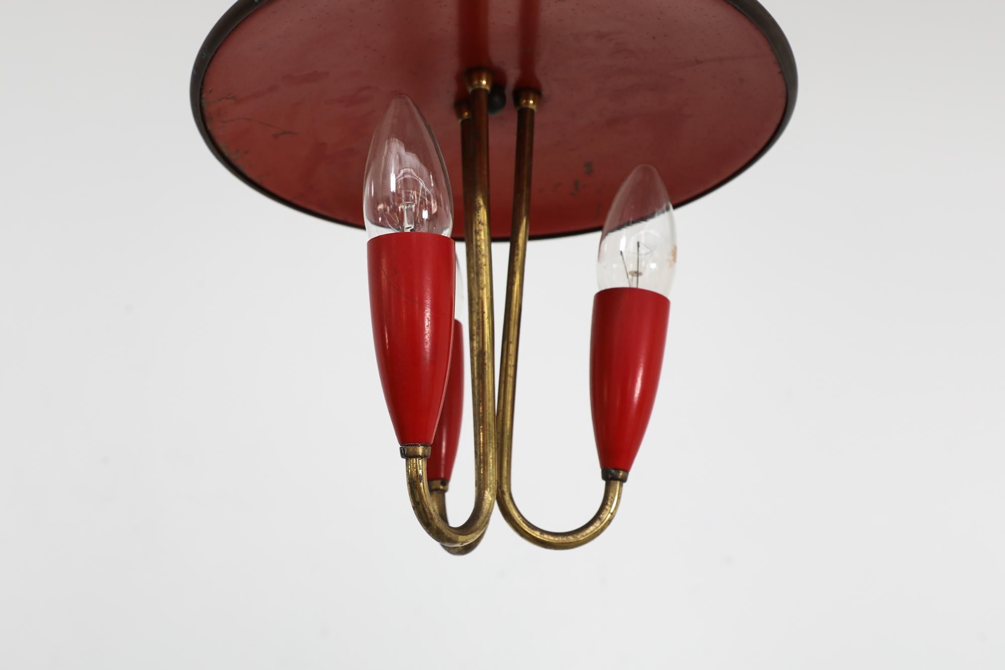 Small 1950's Stilnovo Style Red Enameled Metal & Brass Triple Chandelier For Sale 2
