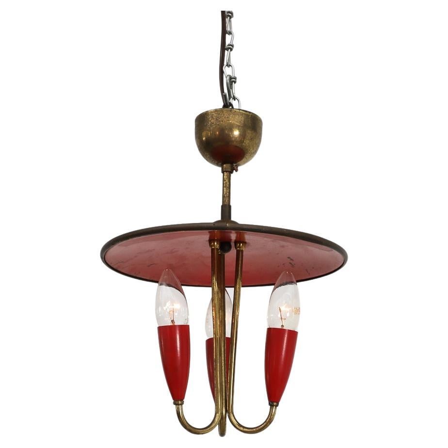 Small 1950's Stilnovo Style Red and Brass Chandelier For Sale
