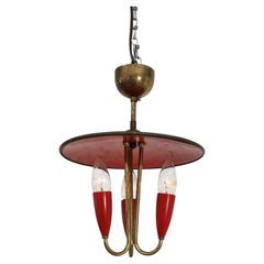 Small 1950's Stilnovo Style Red and Brass Chandelier