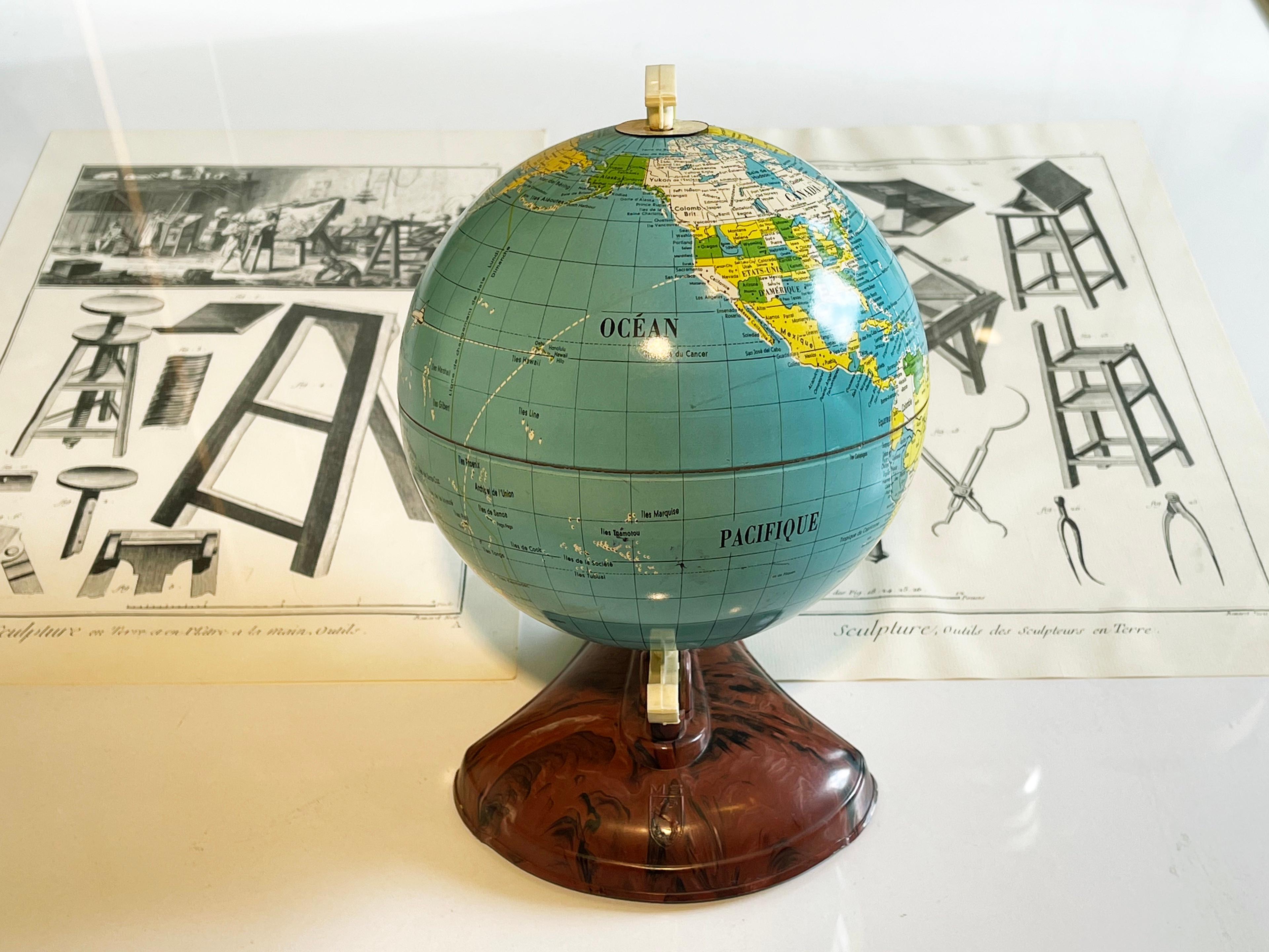 Mid-Century Modern Small 1950s Tin Toy Globe Lithography Print French, Wavy Base, by MS, Germany For Sale