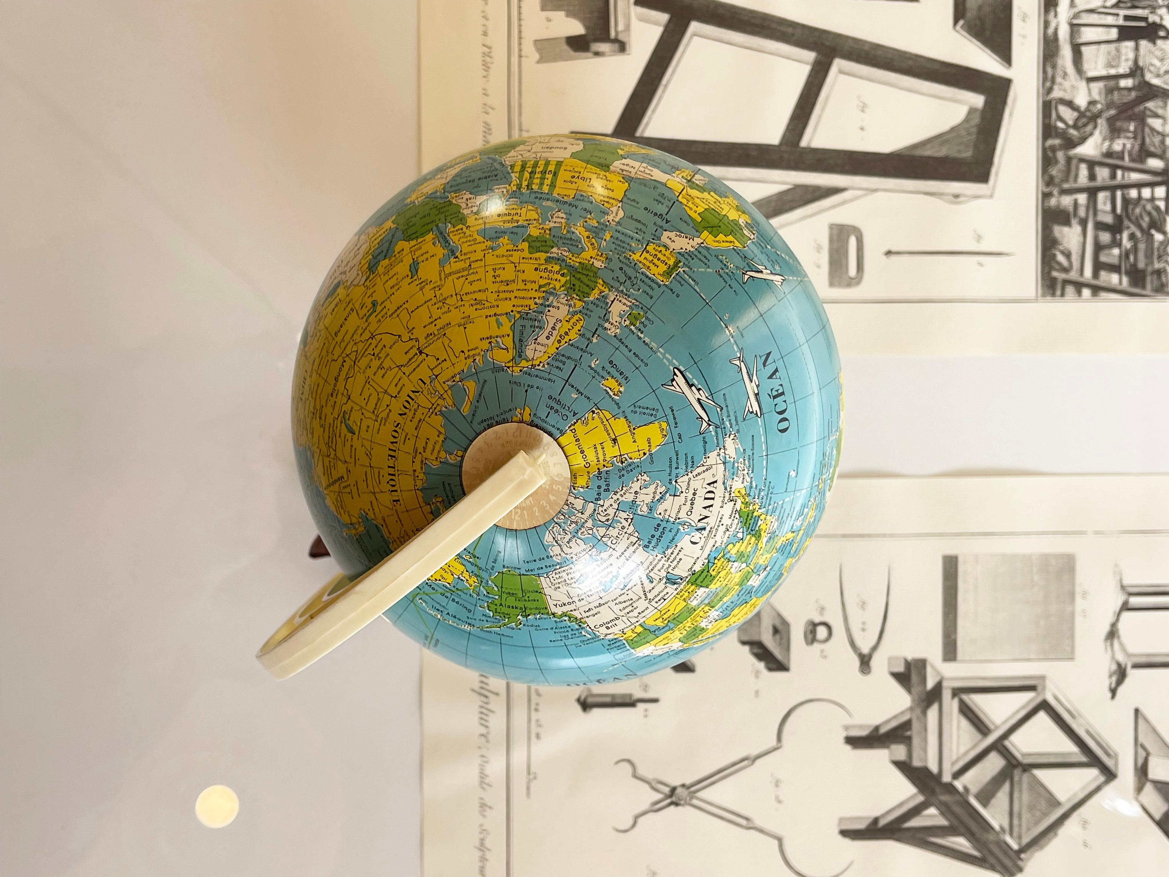 20th Century Small 1950s Tin Toy Globe Lithography Print French, Wavy Base, by MS, Germany For Sale
