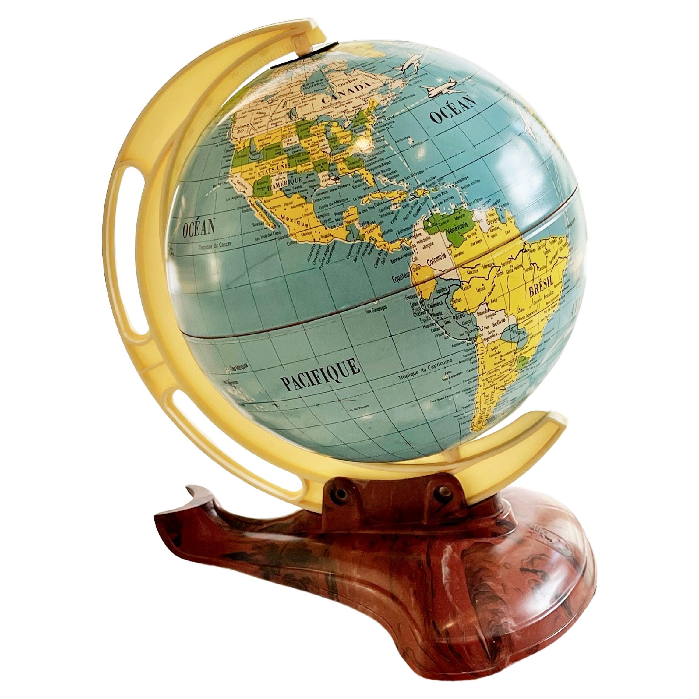 Small 1950s Tin Toy Globe Lithography Print French, Wavy Base, by MS, Germany For Sale