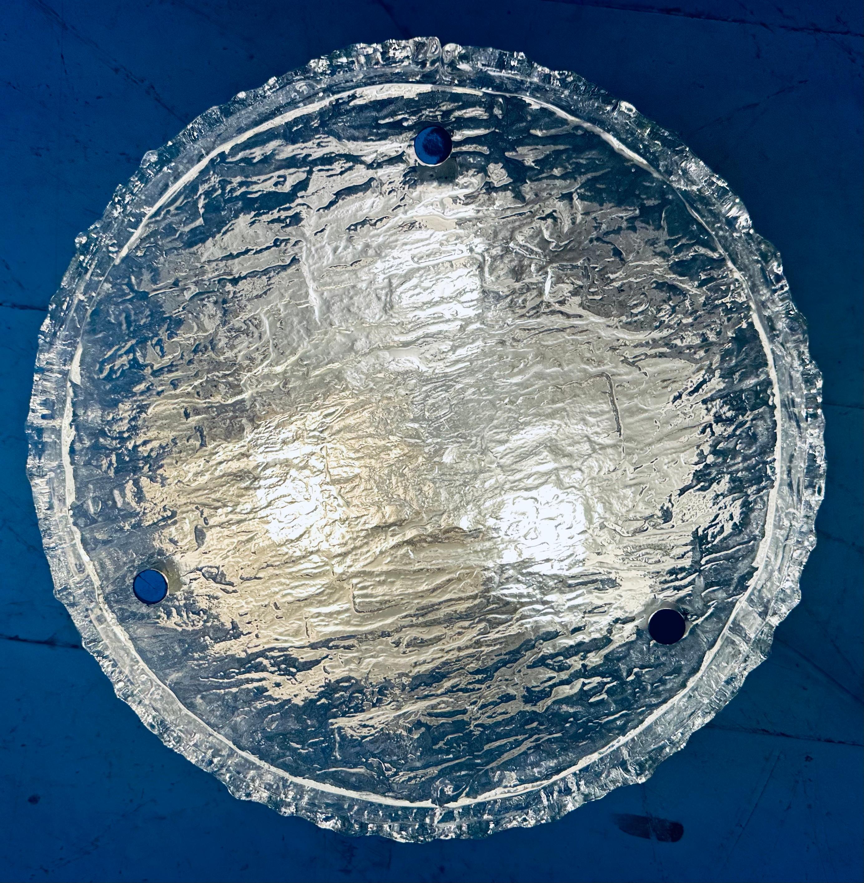 Polished Small 1960s German Kaiser Leuchten Textured Glass Flush Mount Ceiling Light For Sale