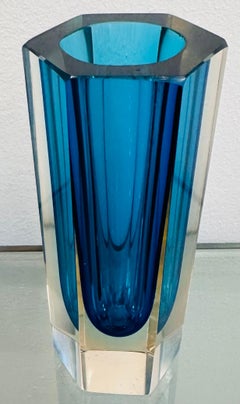 Small 1960s Hexagonal Italian Murano Turquoise & Clear Glass Vase