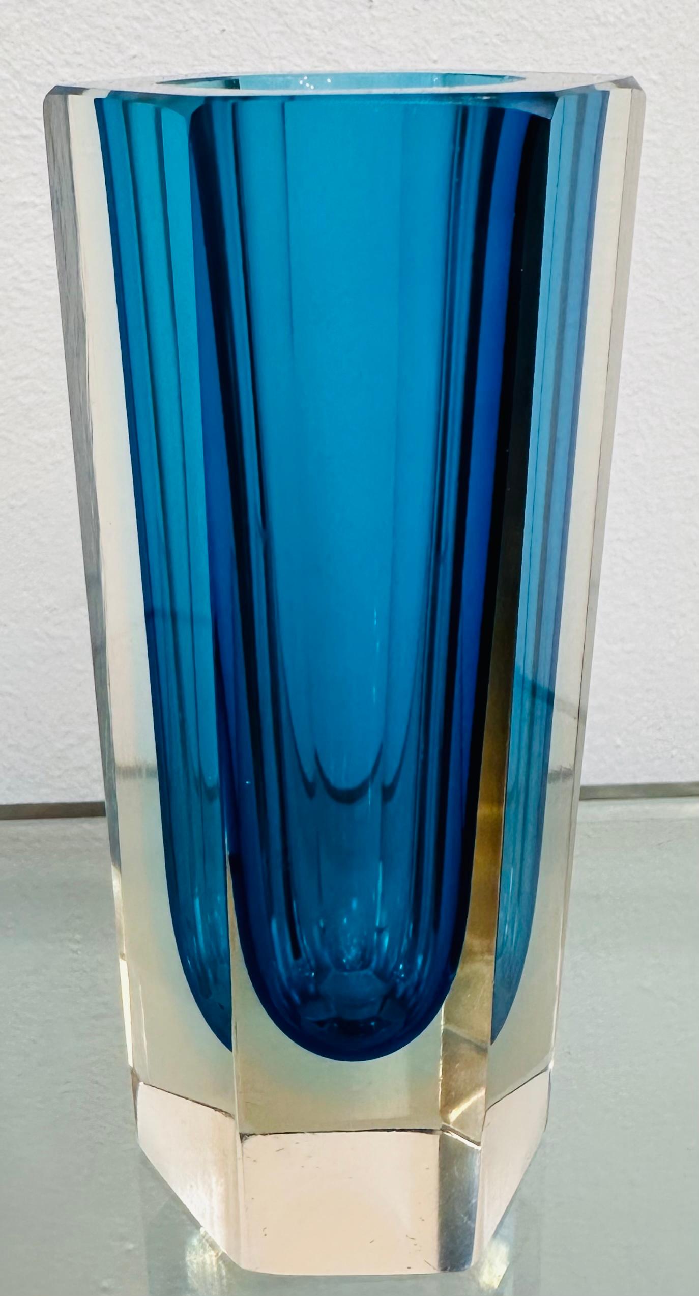 Mid-Century Modern Small 1960s Hexagonal Italian Murano Turquoise & Clear Glass Vase For Sale