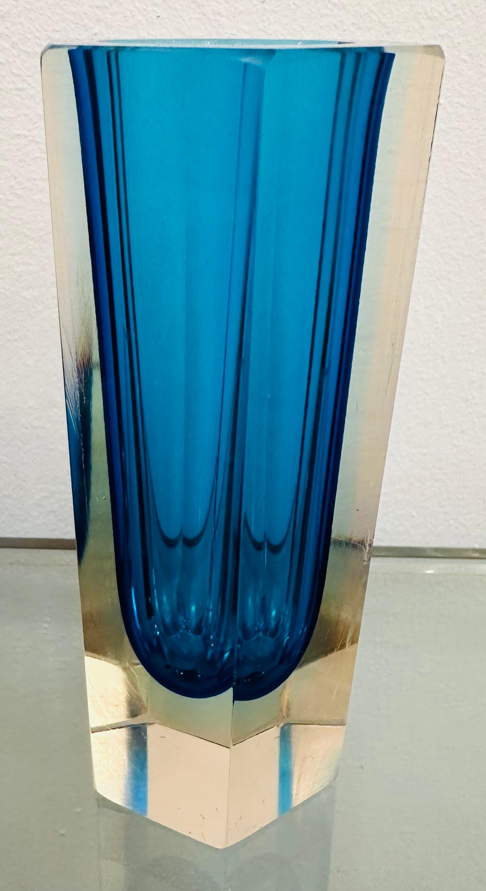20th Century Small 1960s Hexagonal Italian Murano Turquoise & Clear Glass Vase For Sale