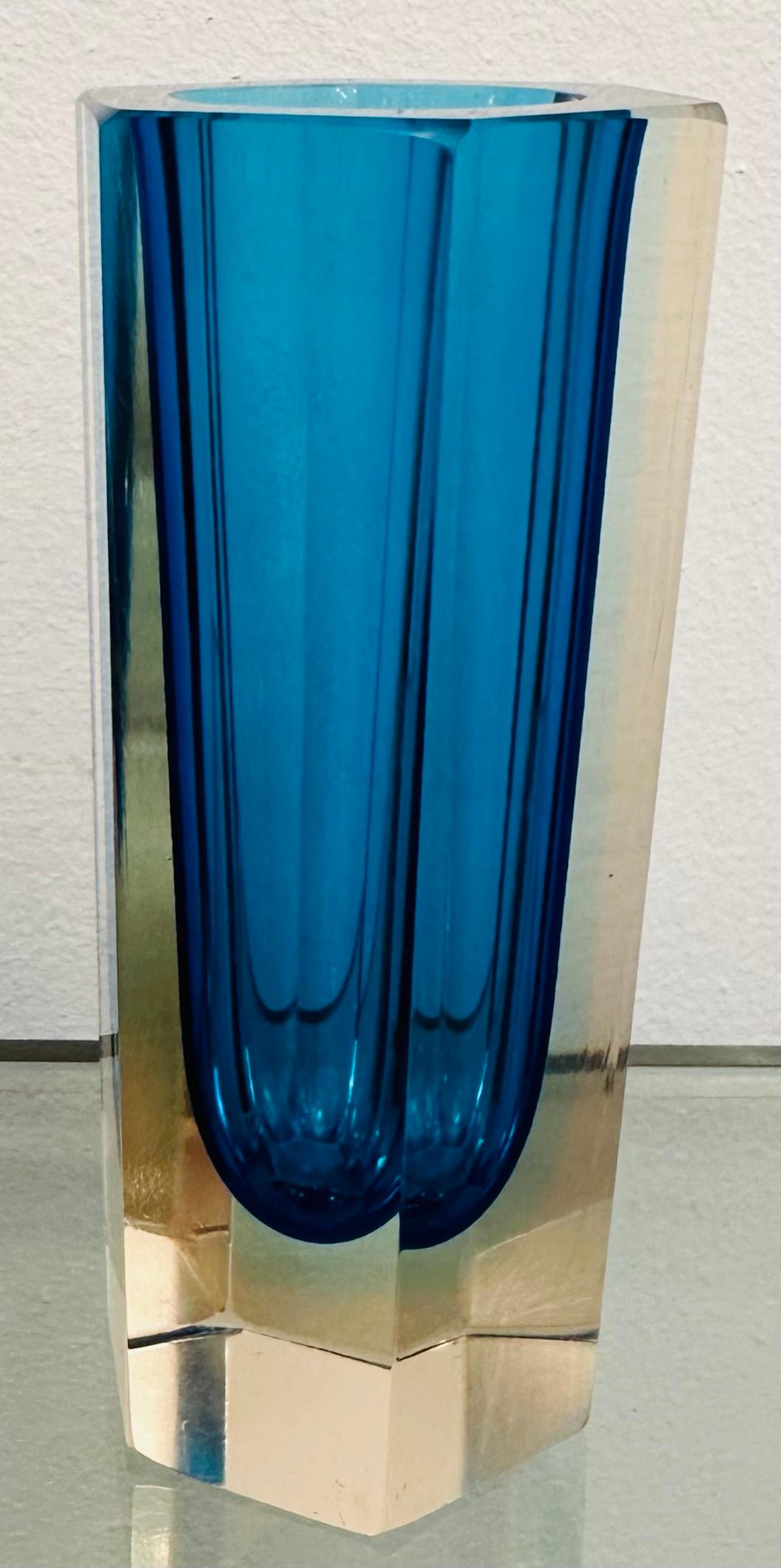 Murano Glass Small 1960s Hexagonal Italian Murano Turquoise & Clear Glass Vase For Sale
