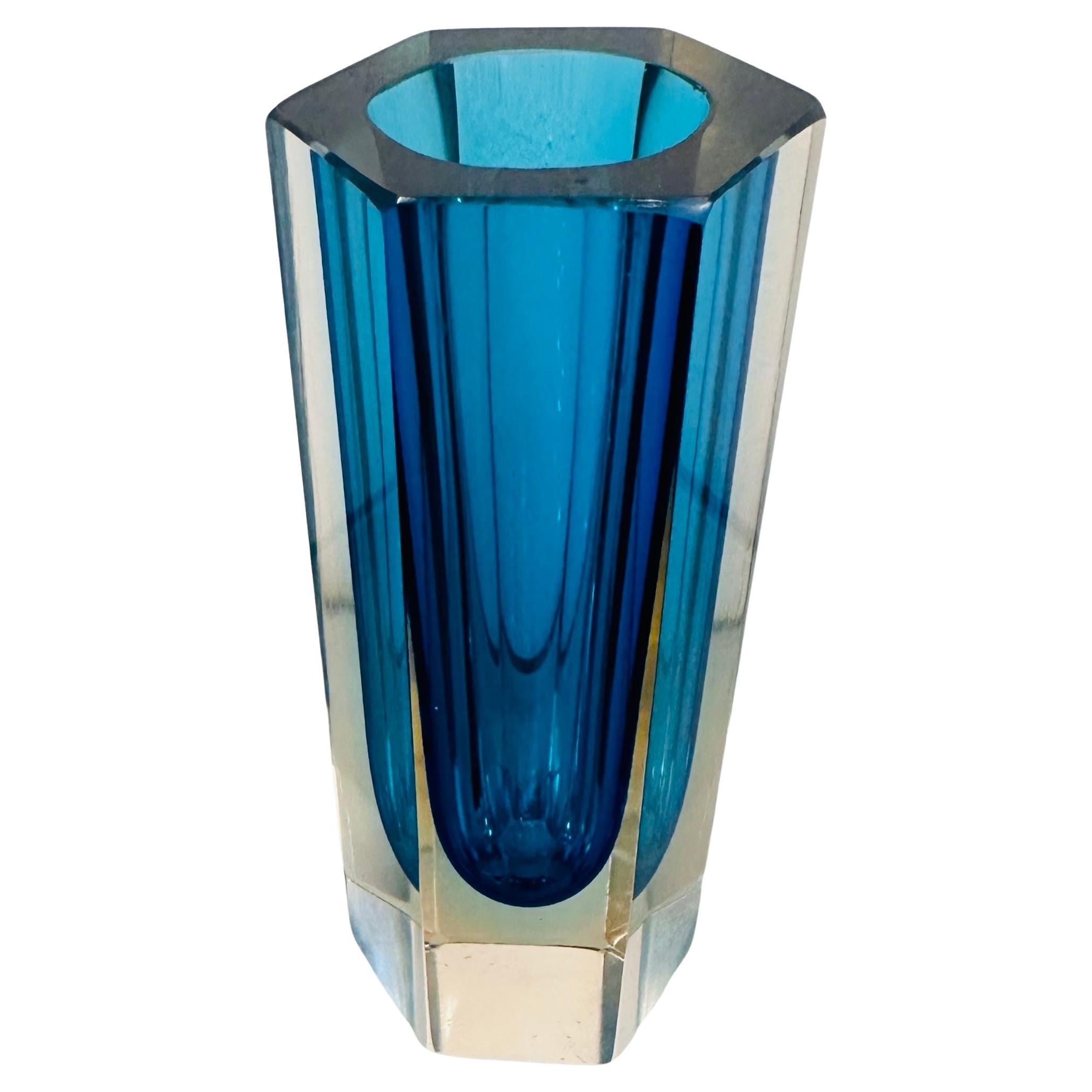 Small 1960s Hexagonal Italian Murano Turquoise & Clear Glass Vase For Sale