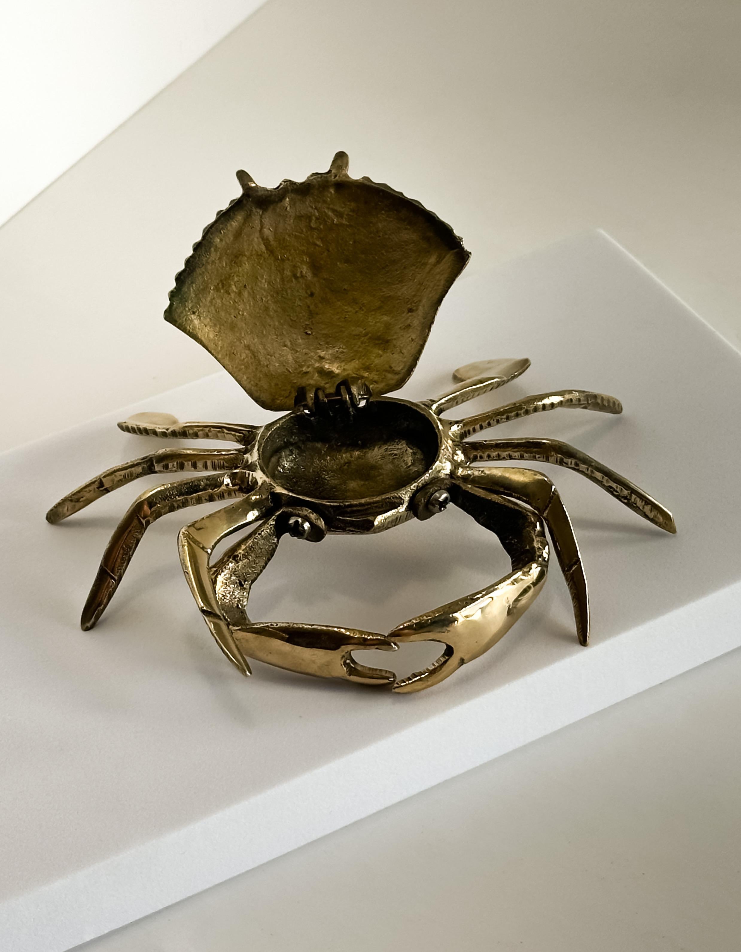Cast Small 1960’s Italian Polished Brass Crab Ashtray Trinket Box
