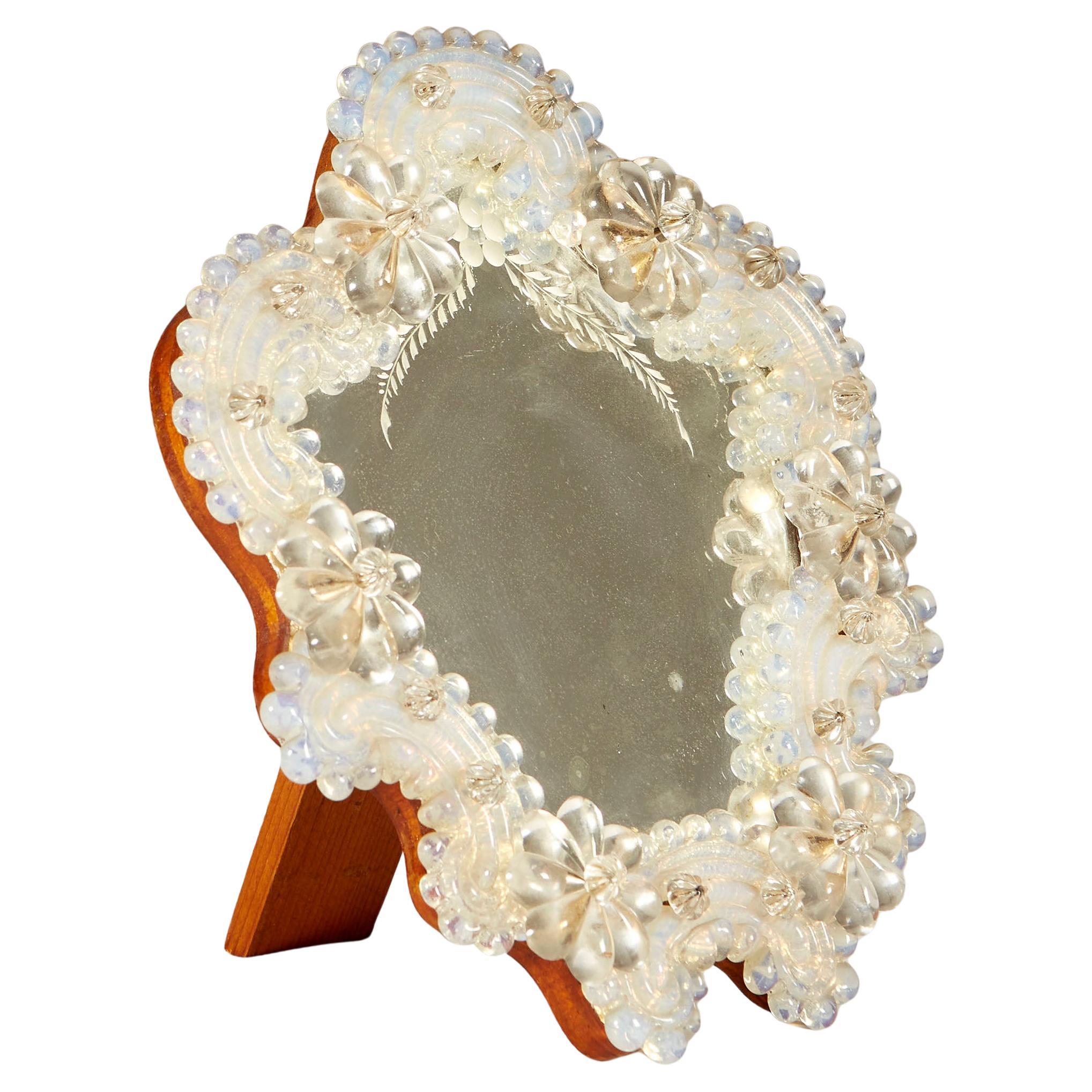 Small 1960s Italian Venetian Murano flower and etched glass table/wall mirror For Sale