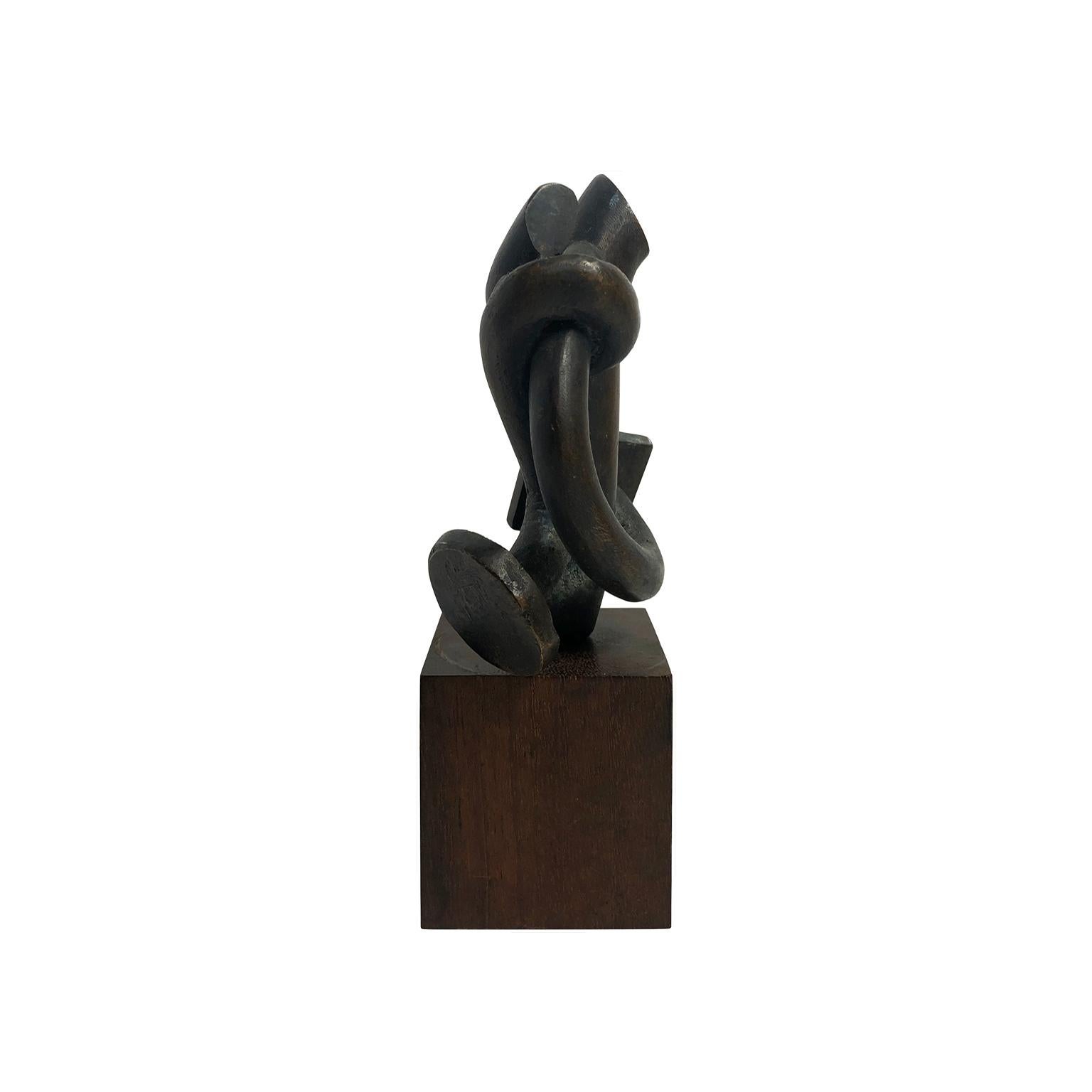 American Small 1970s Abstract Twisted Bronze Sculpture on Wood Base