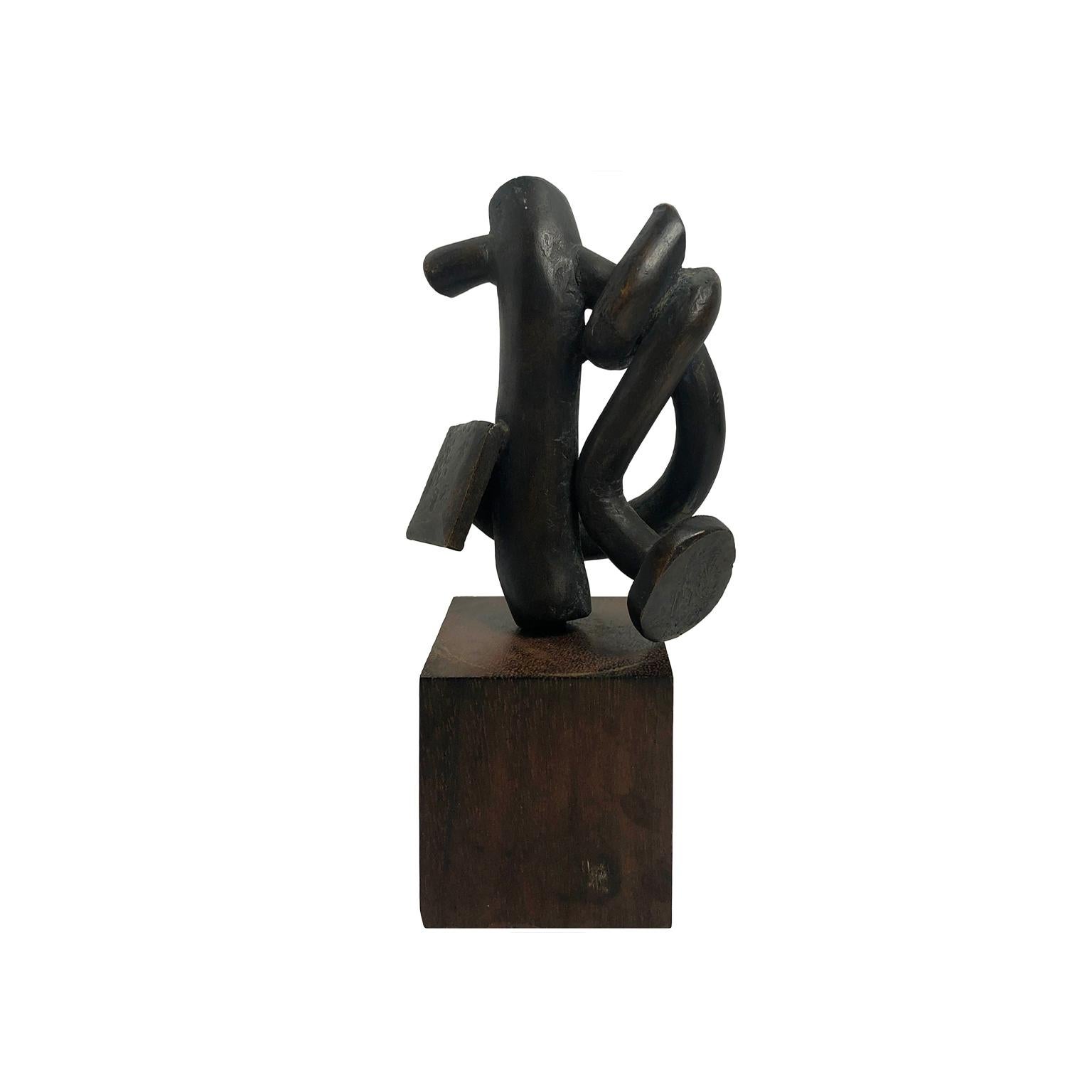 Small 1970s Abstract Twisted Bronze Sculpture on Wood Base In Good Condition In New York, NY
