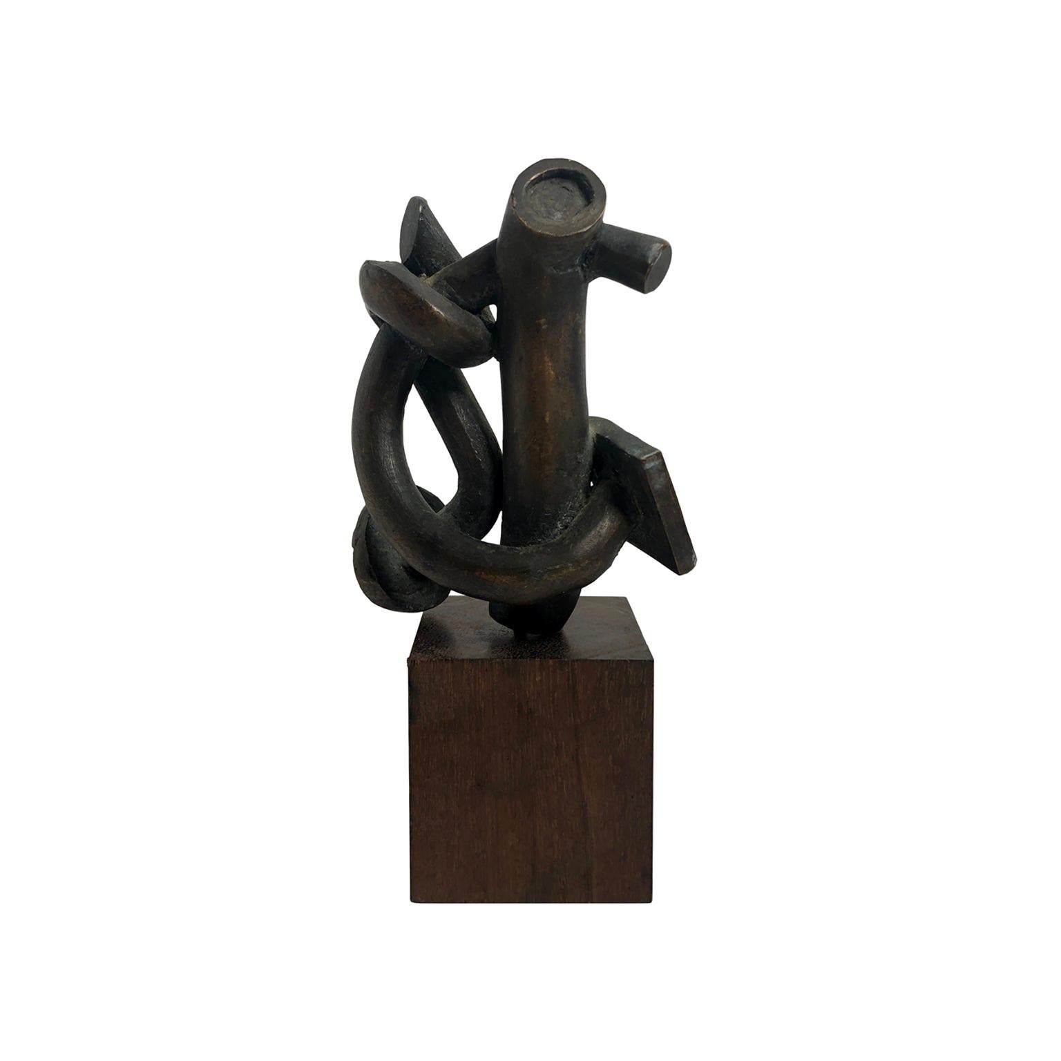 Small 1970s Abstract Twisted Bronze Sculpture on Wood Base