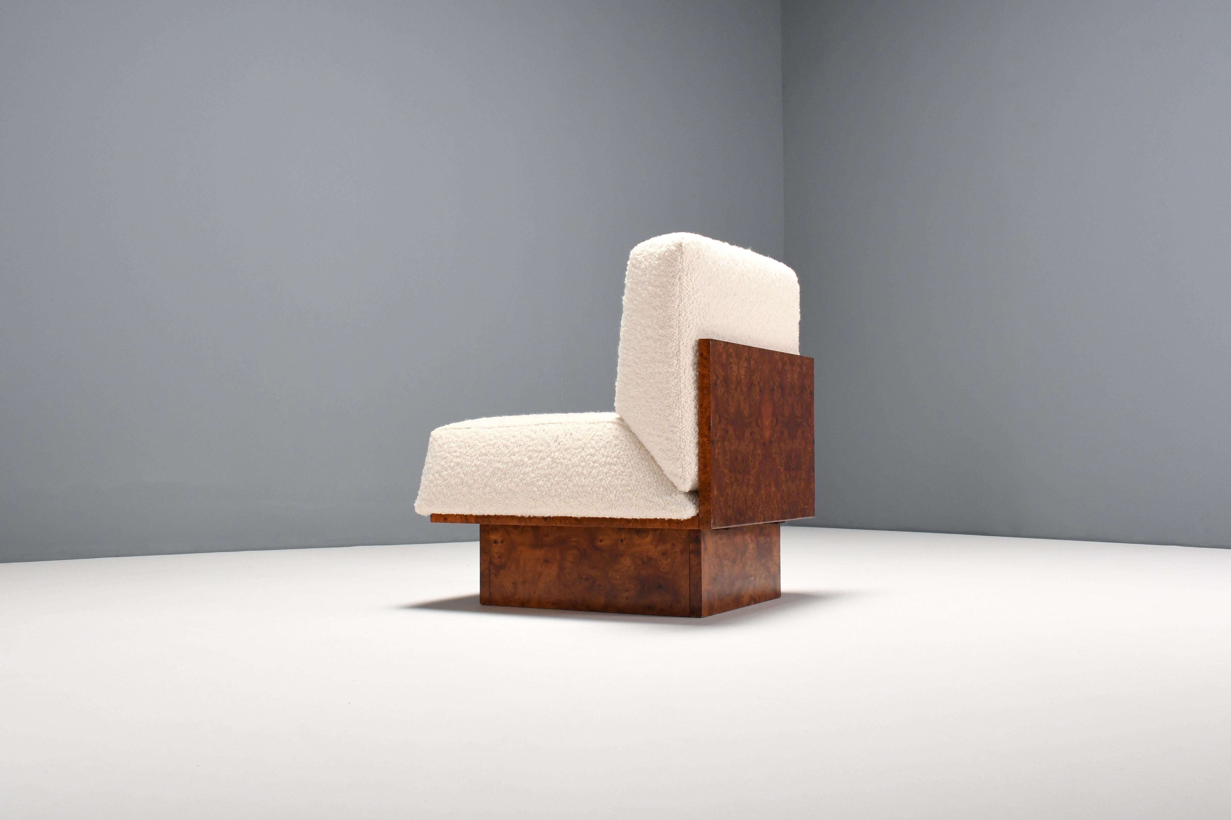 Mid-Century Modern Small 1970s Bouclé and Burl Wood Chair in the Manner of Willy Rizzo