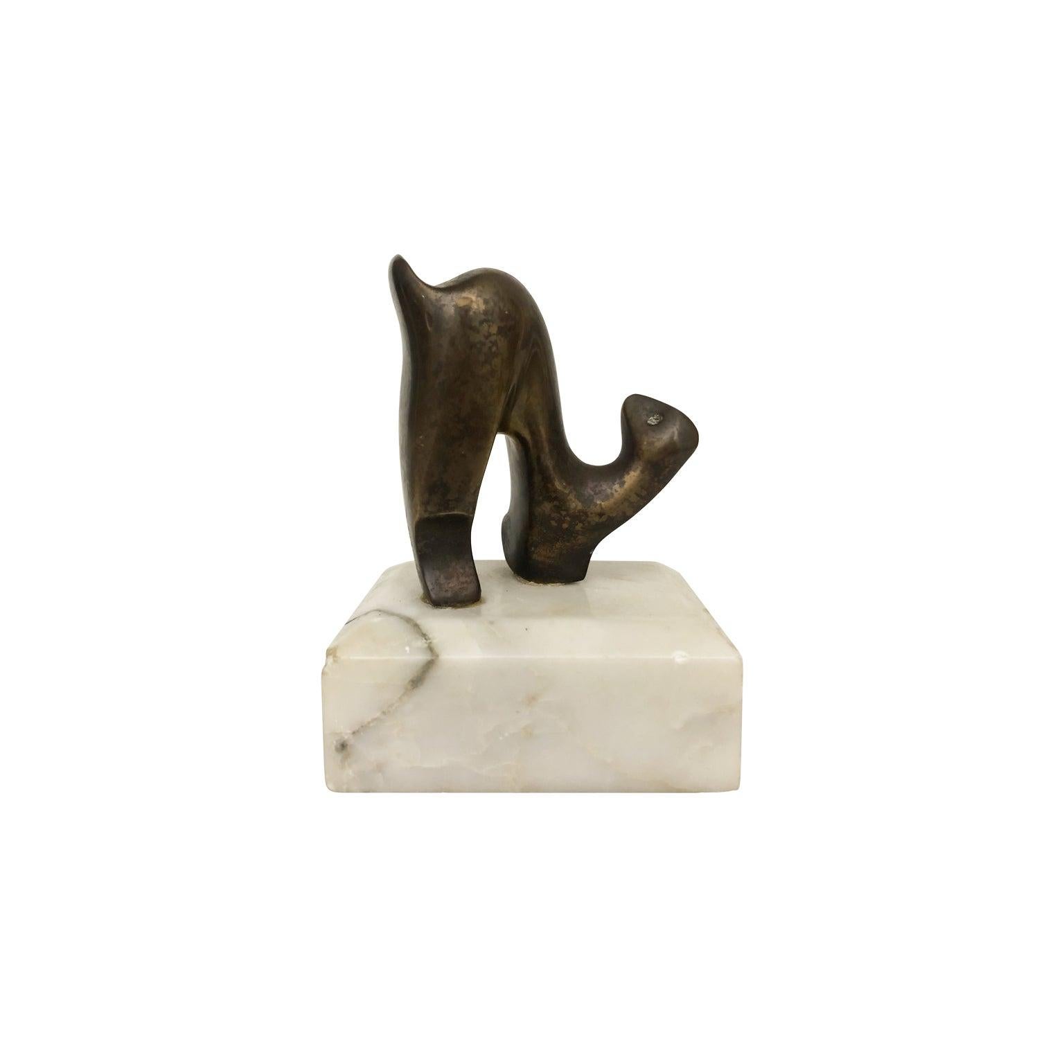 American Small 1970s Bronze Abstract Sculpture on Marble Base