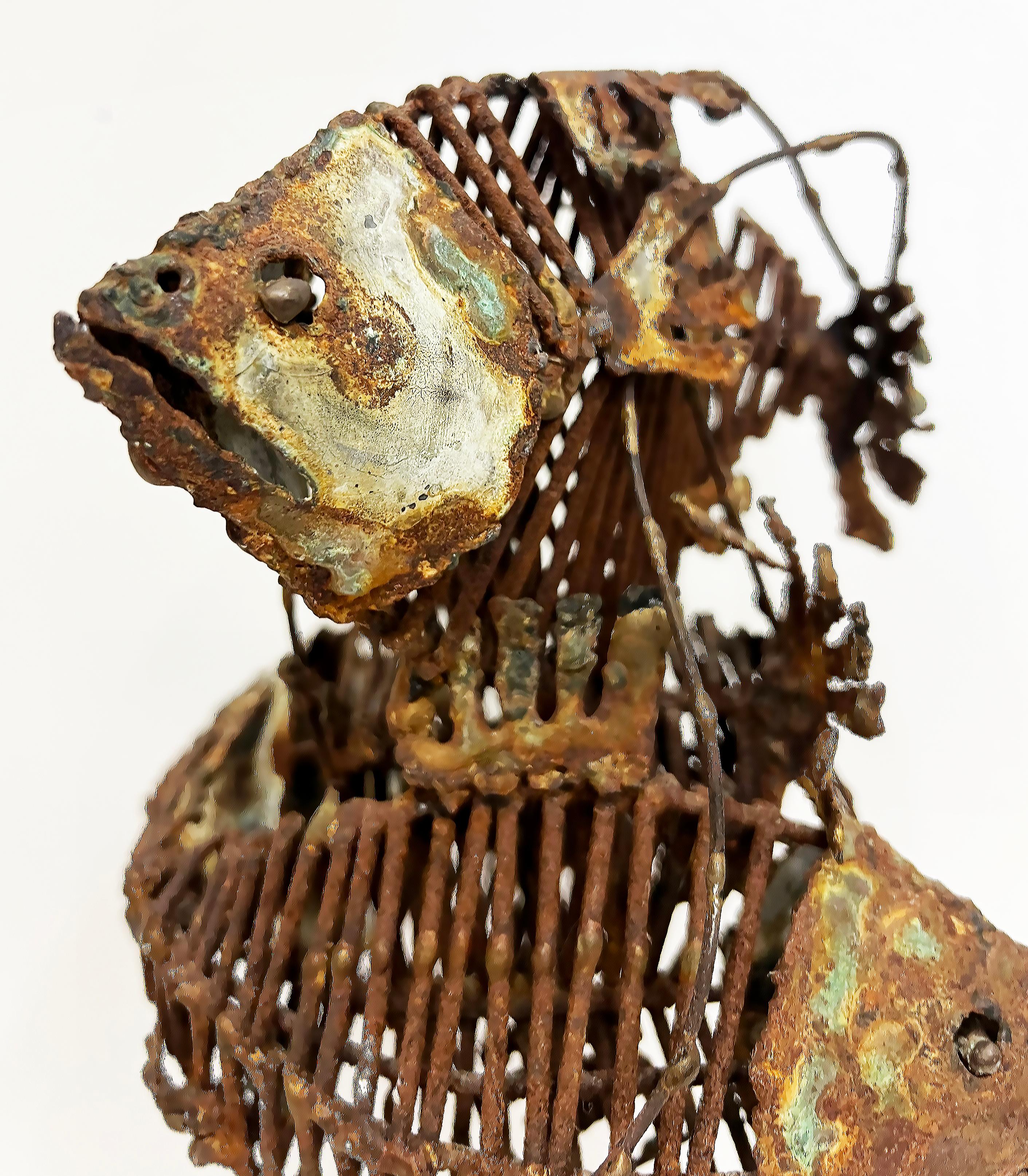 20th Century Small 1970s Brutalist Fish Bones Tabletop Sculpture on a Wood Base For Sale