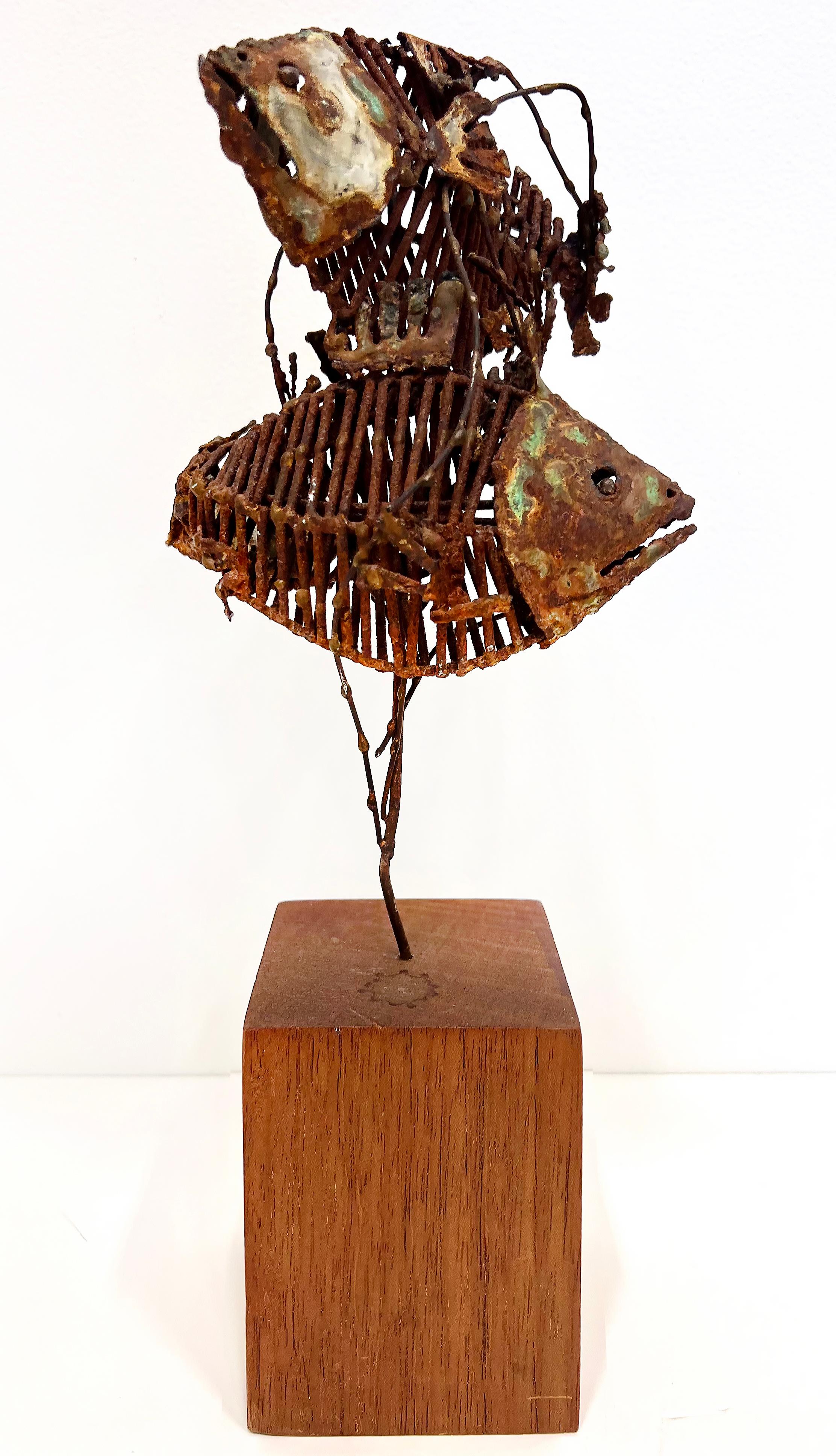 Iron Small 1970s Brutalist Fish Bones Tabletop Sculpture on a Wood Base For Sale