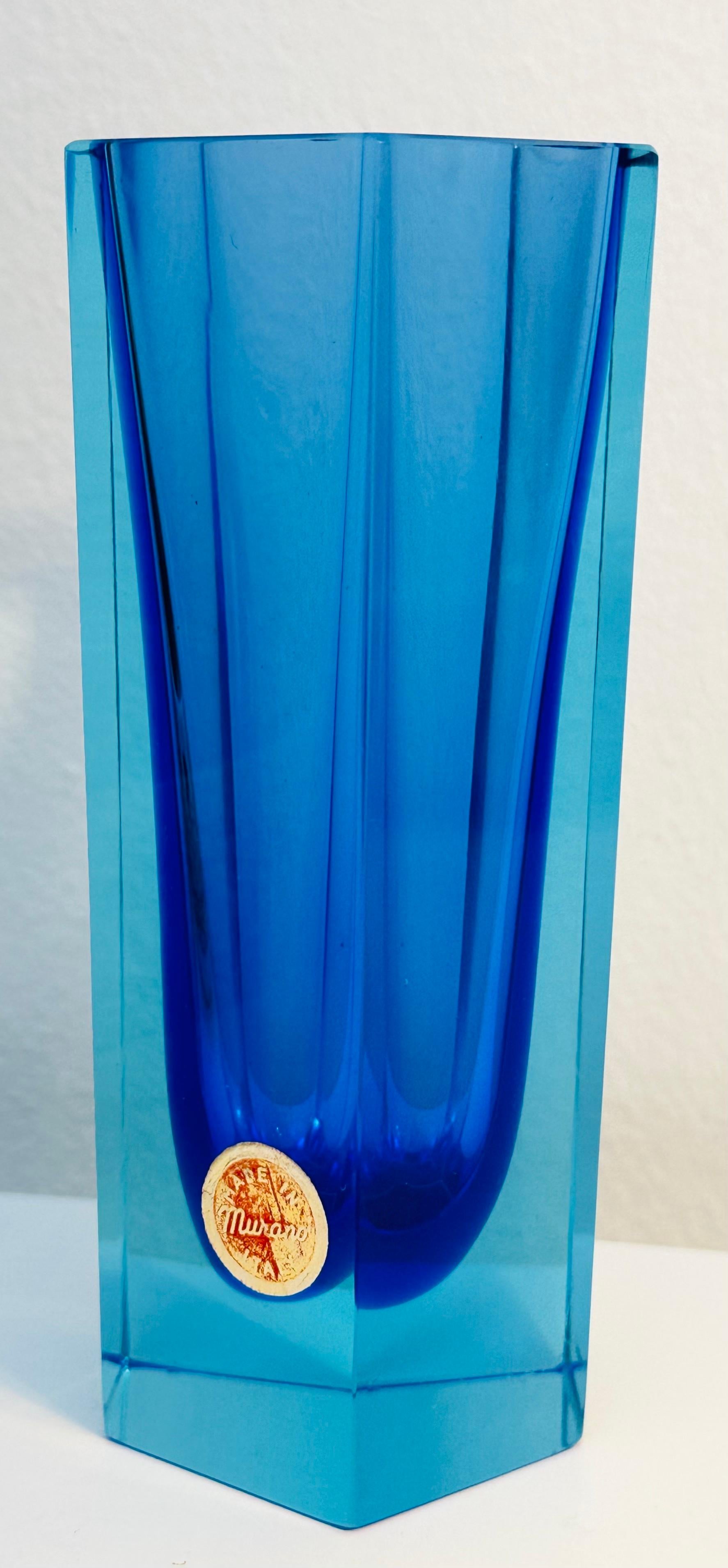 Small 1970s Mid Century Italian Murano Blue & Turquoise Sommerso Glass Vase For Sale 10