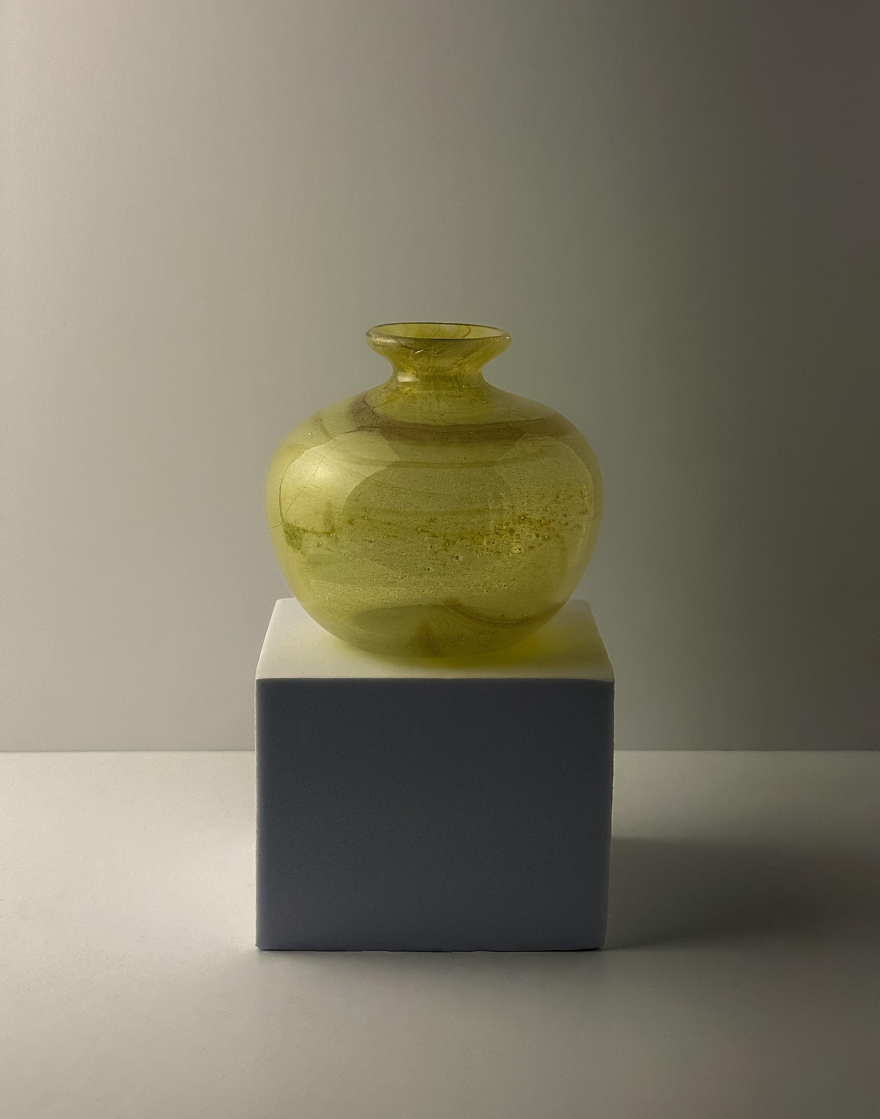Maltese Small 1970s Round Yellow Ochre Mdina Glass Bottle Vase by Michael Harris