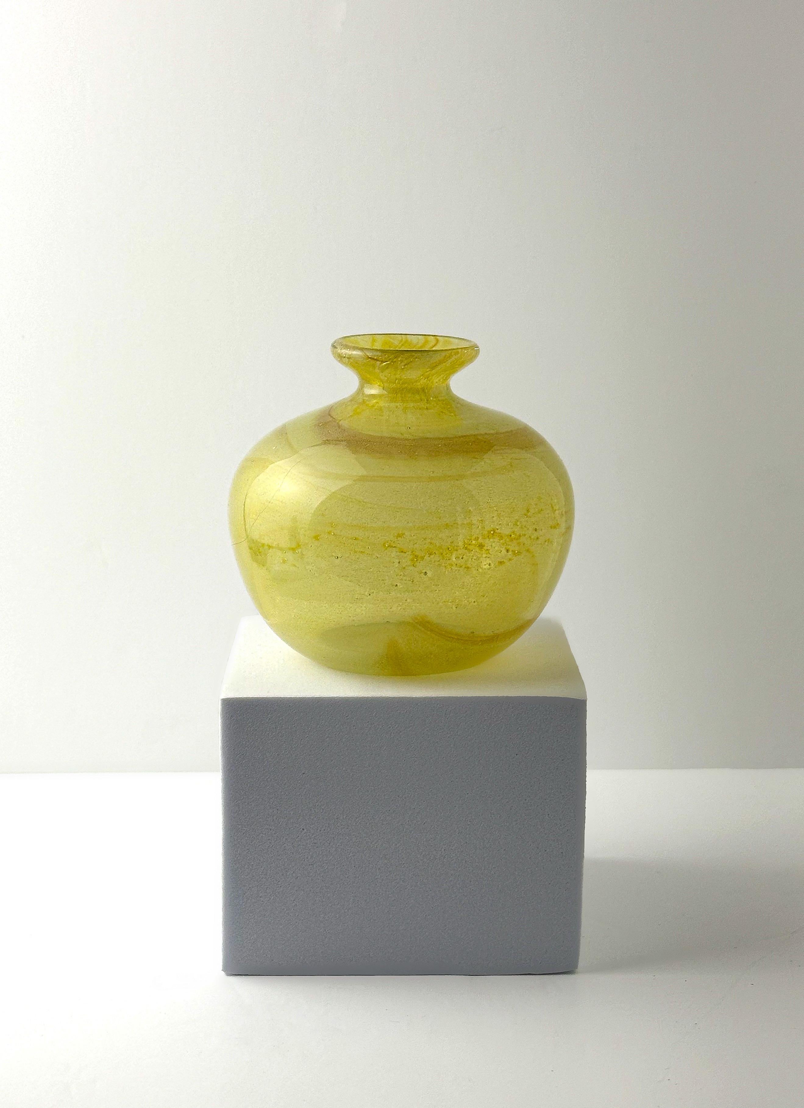 Late 20th Century Small 1970s Round Yellow Ochre Mdina Glass Bottle Vase by Michael Harris