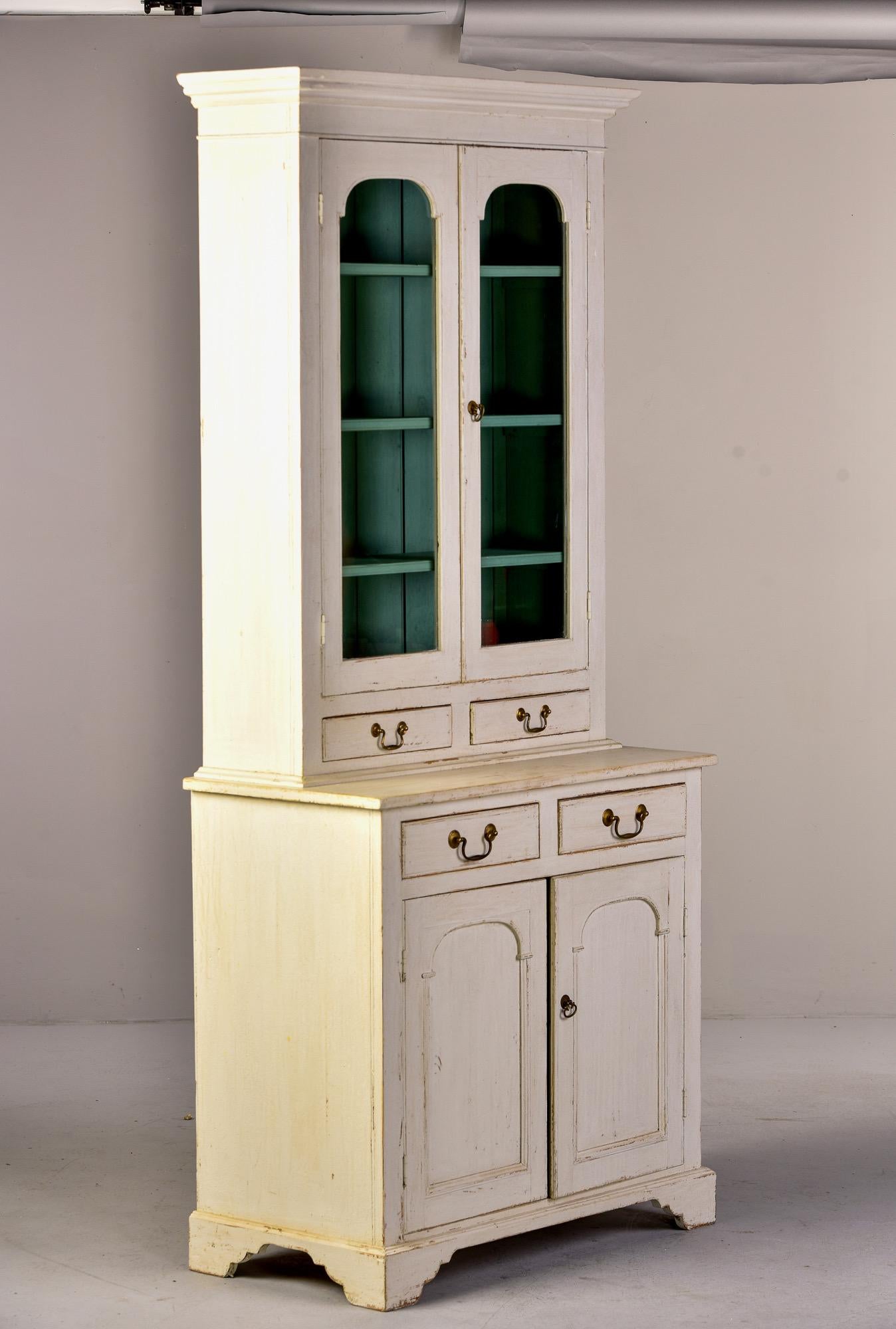 Small 19th C English Glazed Bookcase with White Paint and Blue Shelves 8