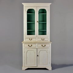 Small 19th C English Glazed Bookcase with White Paint and Blue Shelves