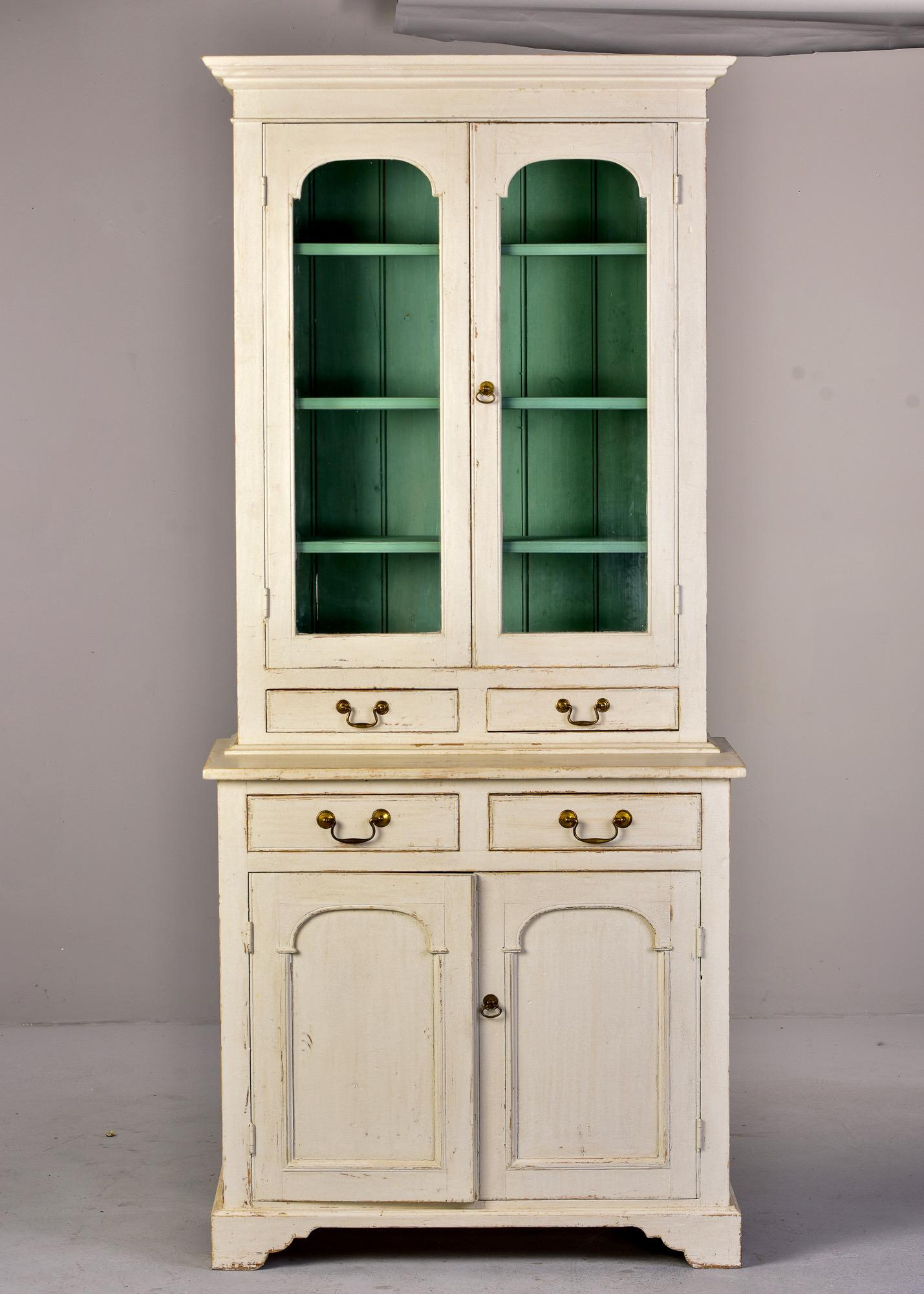 Small 19th C English Glazed Bookcase with White Paint and Blue Shelves In Good Condition In Troy, MI