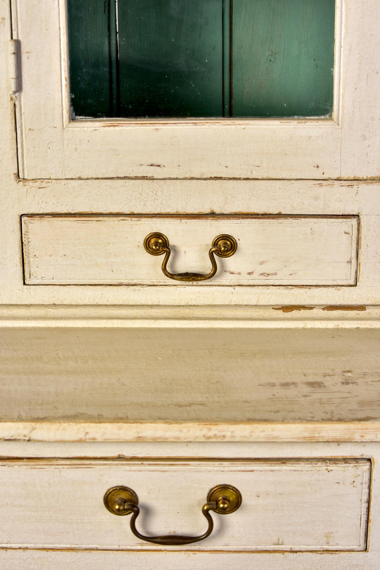 19th Century Small 19th C English Glazed Bookcase with White Paint and Blue Shelves