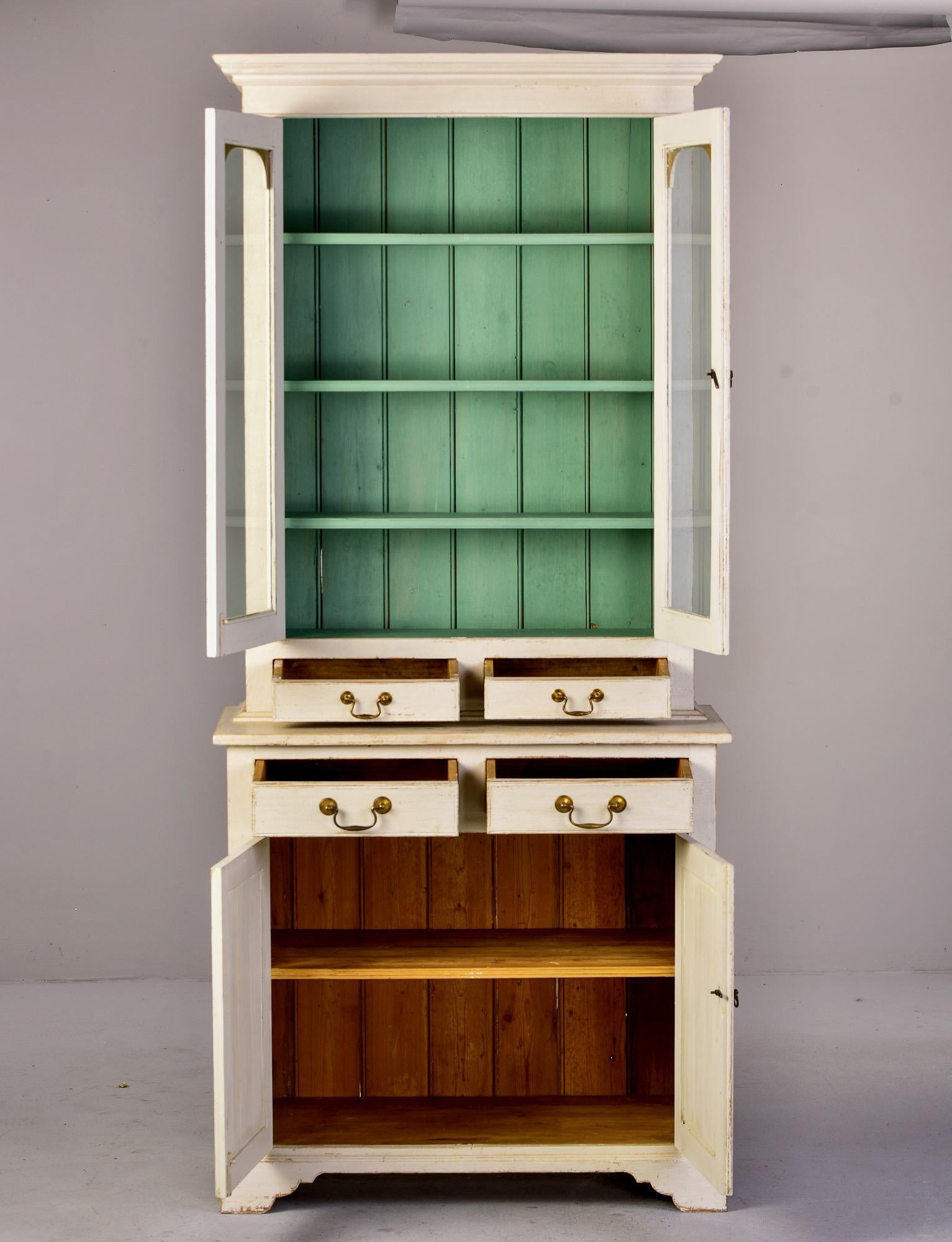 Small 19th C English Glazed Bookcase with White Paint and Blue Shelves 1